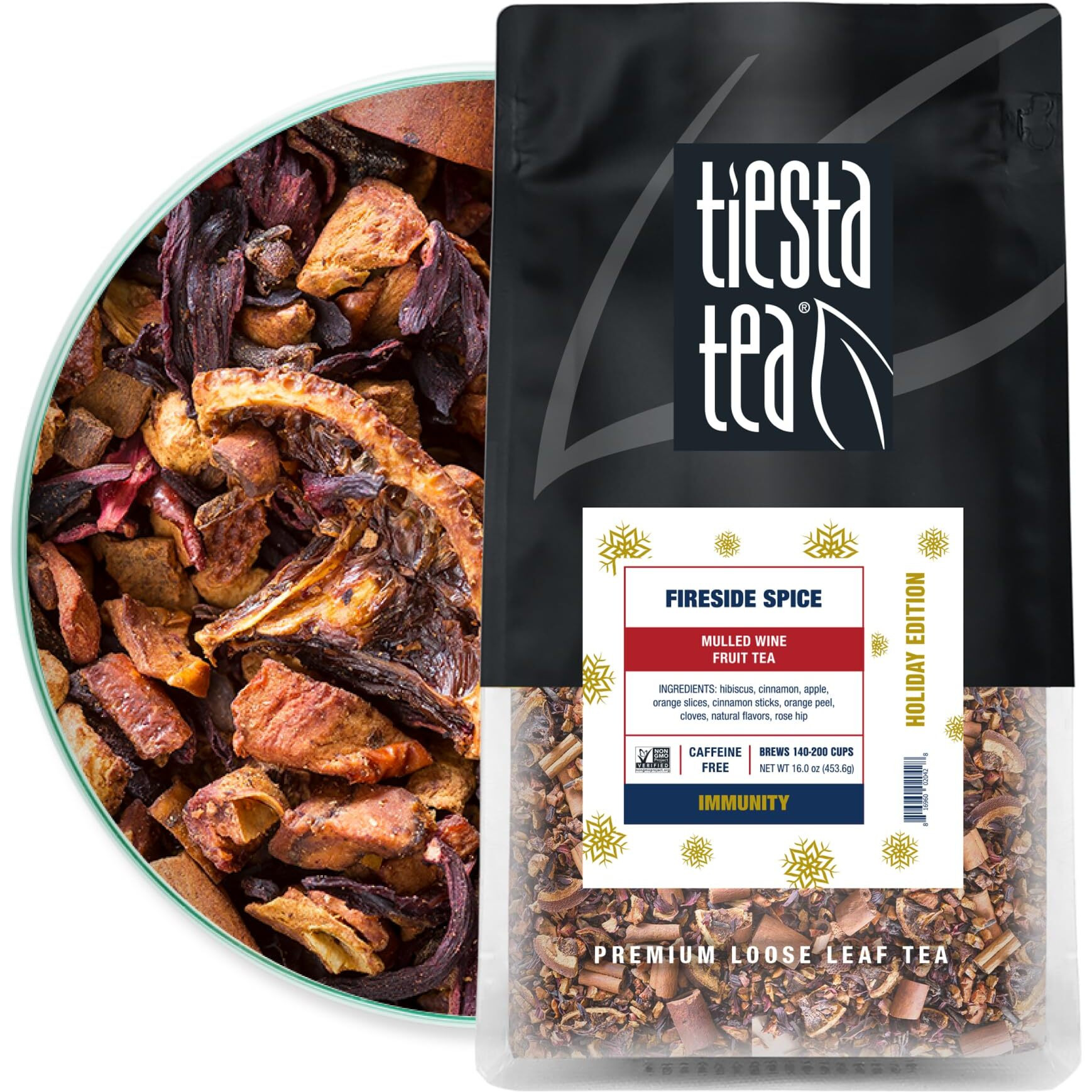 Tiesta Tea - Fireside Spice, Mulled Wine Herbal Tea, Premium Loose Leaf Tea Blend, Non Caffeinated Holiday Teas, Make Hot Or Iced Tea & Brews Up To 200 Cups - 16 Ounce Resealable Bulk Pouch