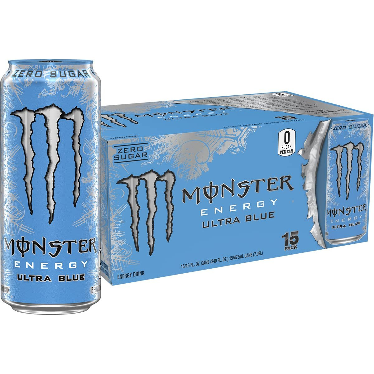 Monster Energy Ultra Blue, Sugar Free Energy Drink, 16 Ounce (Pack Of 15)