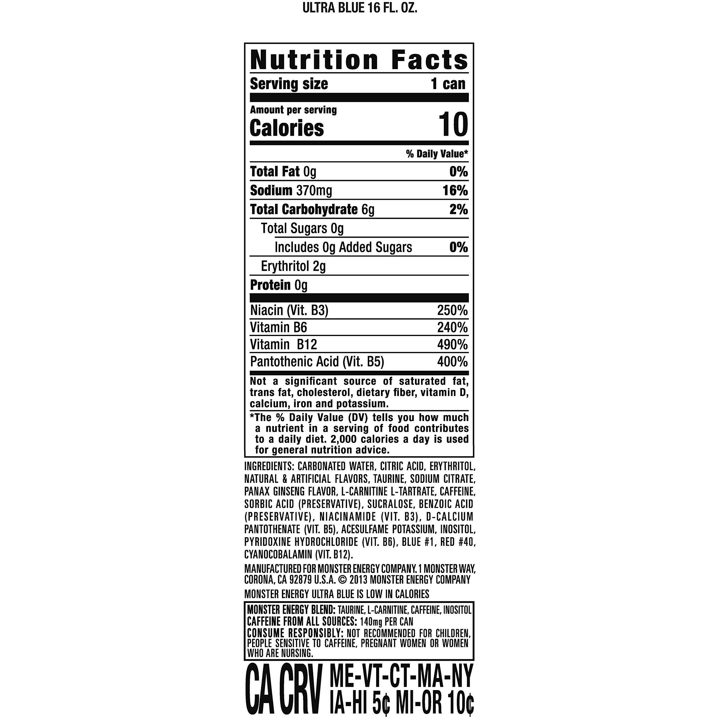 Monster Energy Ultra Blue, Sugar Free Energy Drink, 16 Ounce (Pack Of 15)