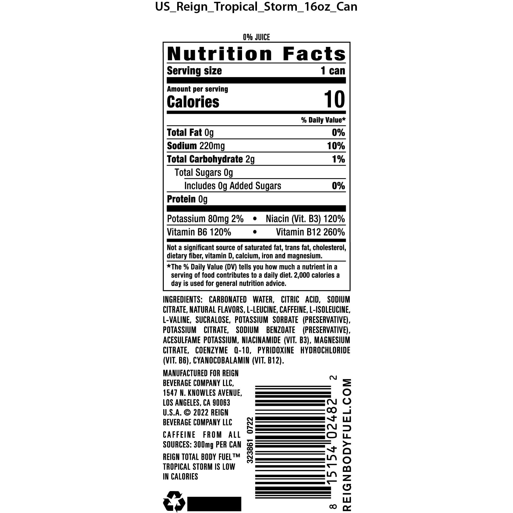 Reign Total Body Fuel, Tropical Storm, Fitness & Performance Drink, 16 Fl Oz (Pack Of 12)