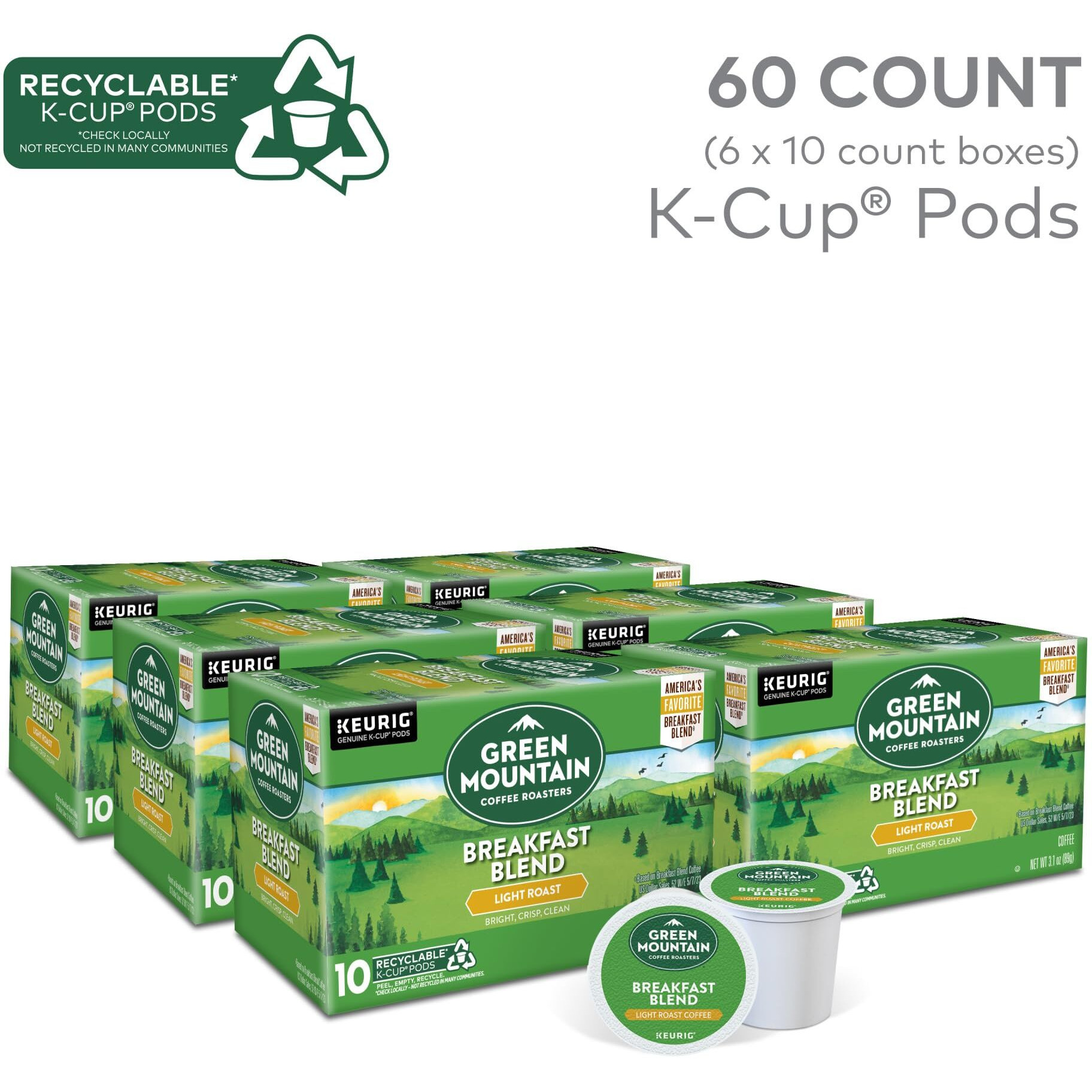 Green Mountain Coffee Roasters Breakfast Blend, Keurig Single Serve K-Cup Pods, Light Roast Coffee, 60 Count, (6 Packs Of 10)