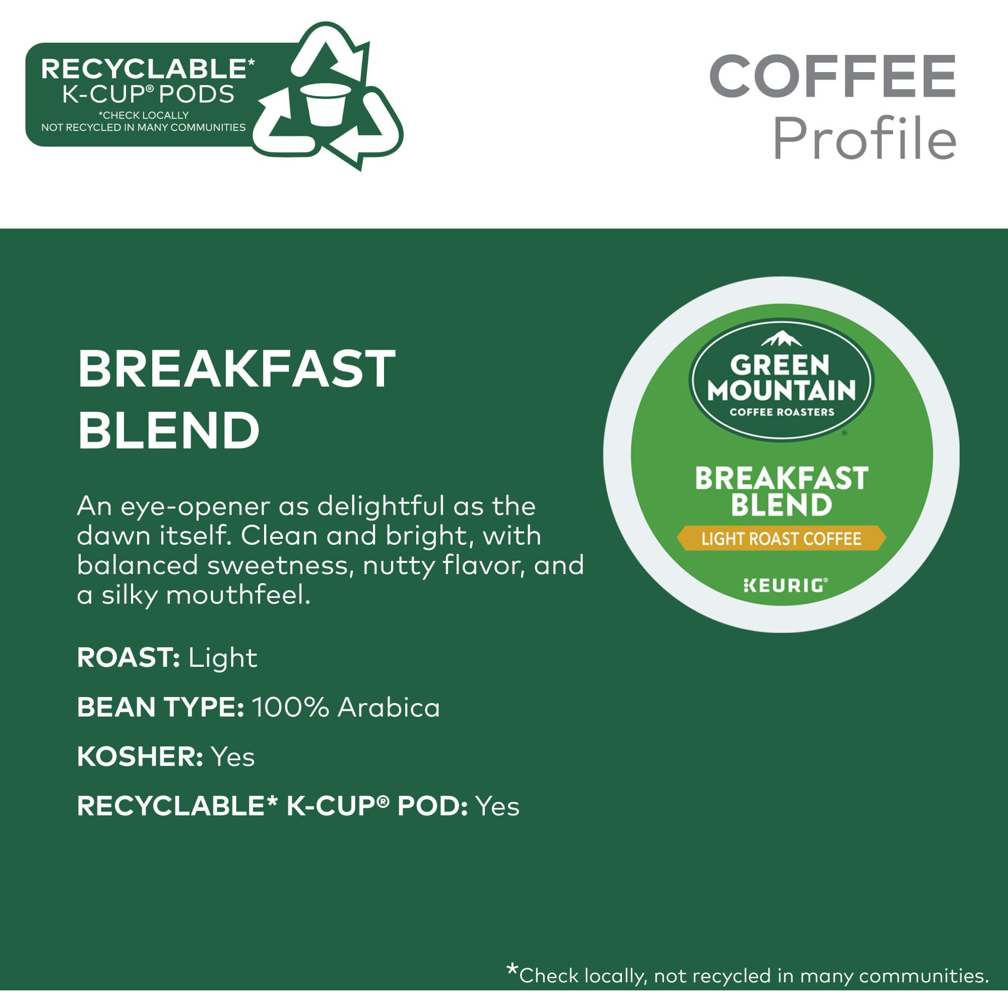 Green Mountain Coffee Roasters Breakfast Blend, Keurig Single Serve K-Cup Pods, Light Roast Coffee, 60 Count, (6 Packs Of 10)