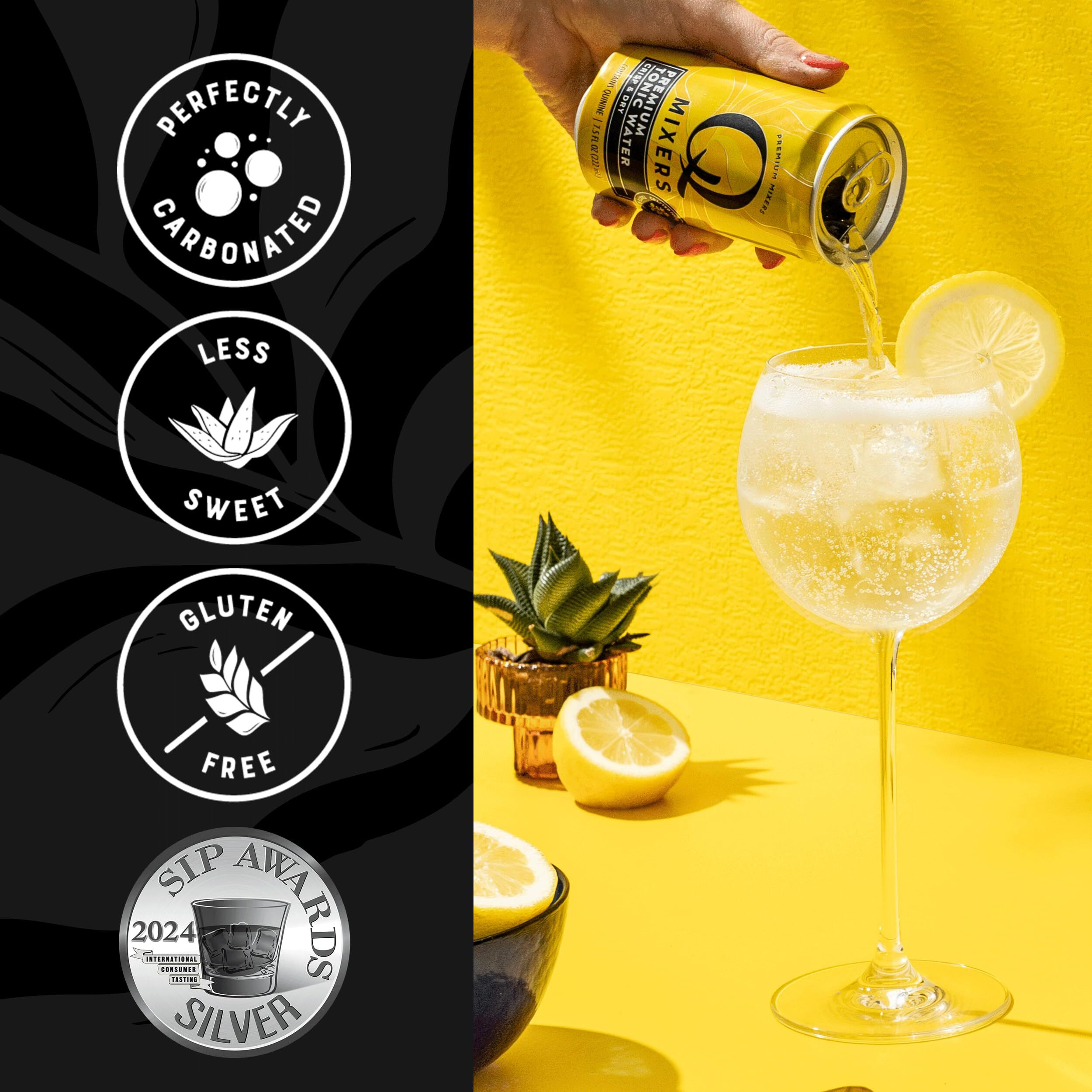 Q Mixers Tonic Water With Quinine & Agave - Premium Cocktail & Mocktail Mixers - Made With Real Ingredients, Highly Carbonated, Less Sweet, & Gluten-Free - 45 Calories Per Can - 7.5 Fl Oz (Pack Of 24)