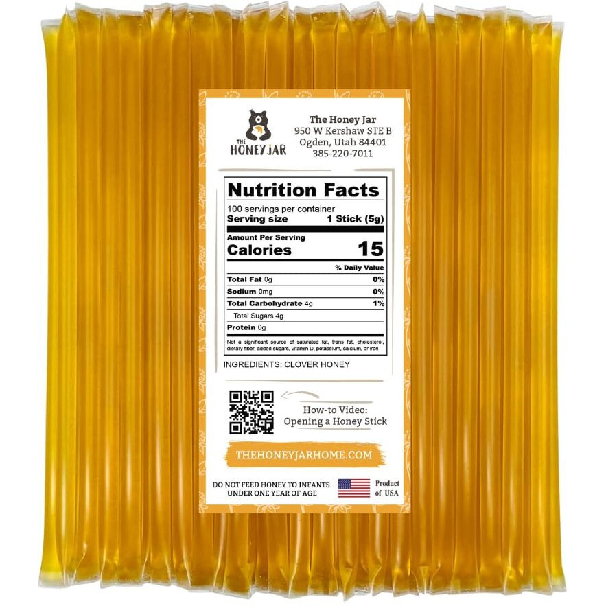 The Honey Jar Plain Honey Sticks - Pure Honey Straws For Tea, Coffee, Or A Healthy Treat - One Teaspoon Of Flavored Honey Per Stick - Made In The Usa With Real Honey - (100 Count)