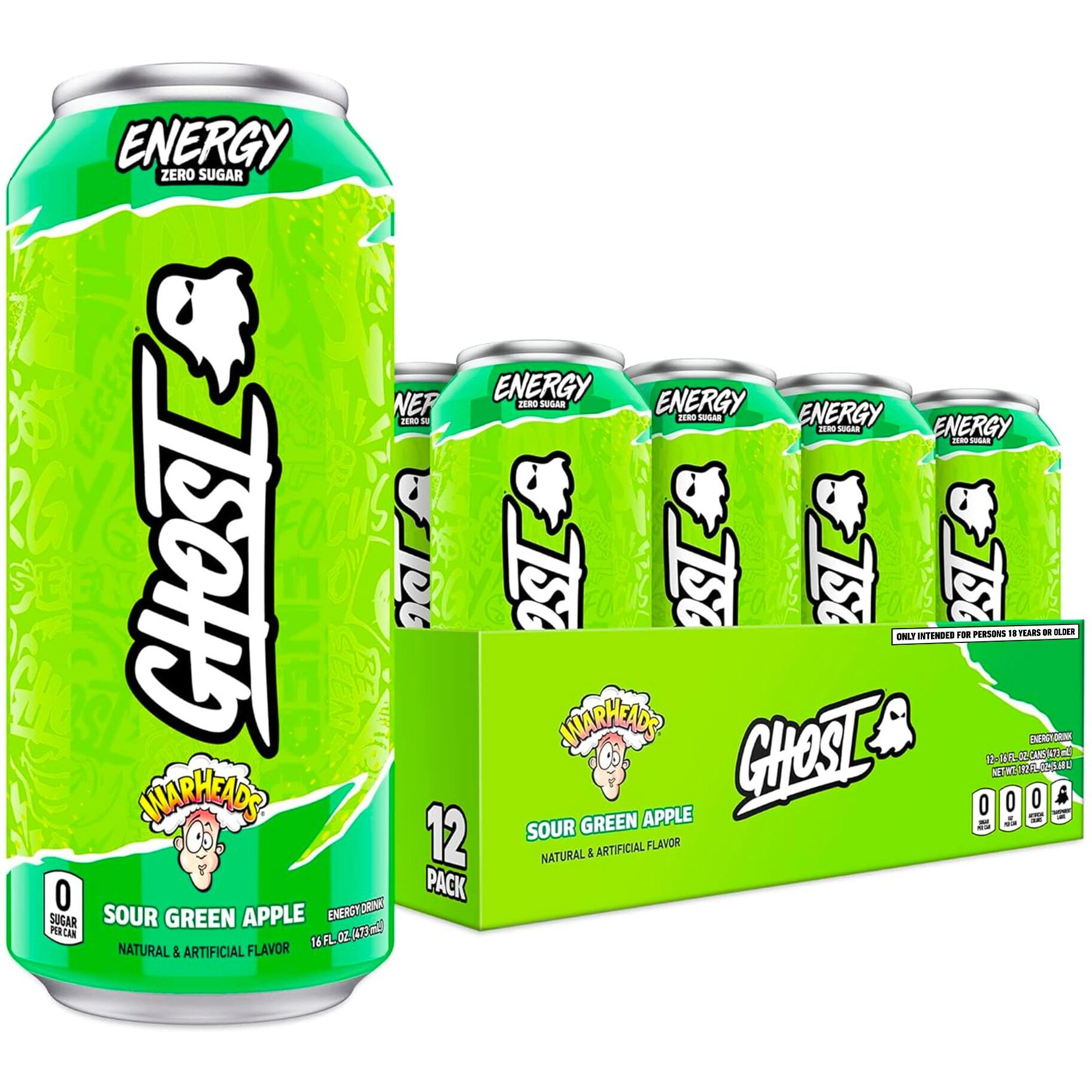 Ghost Energy Drink - 12-Pack, Warheads Sour Green Apple, 16Oz - Energy & Focus & No Artificial Colors - 200Mg Of Natural Caffeine, L-Carnitine & Taurine - Gluten-Free & Vegan