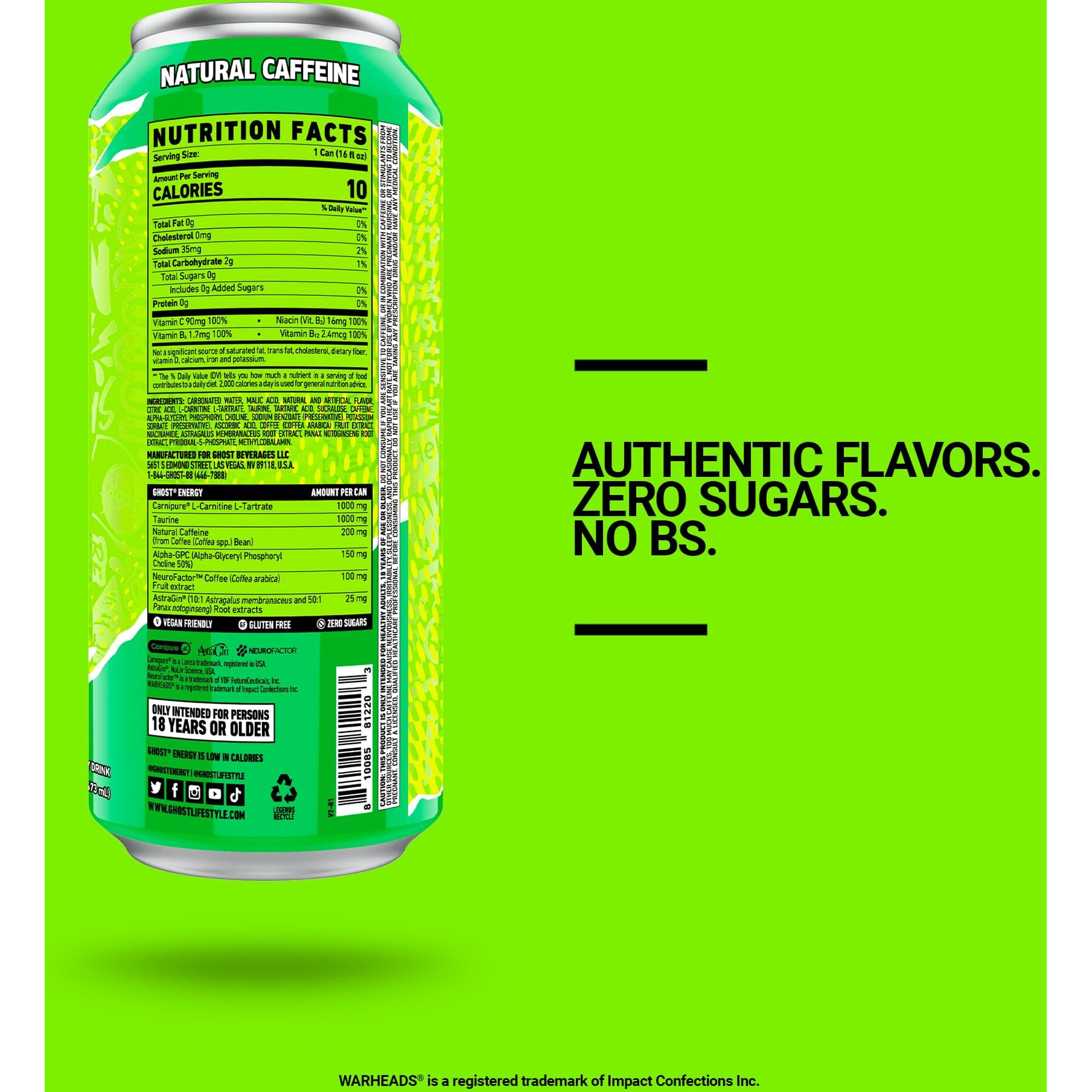 Ghost Energy Drink - 12-Pack, Warheads Sour Green Apple, 16Oz - Energy & Focus & No Artificial Colors - 200Mg Of Natural Caffeine, L-Carnitine & Taurine - Gluten-Free & Vegan