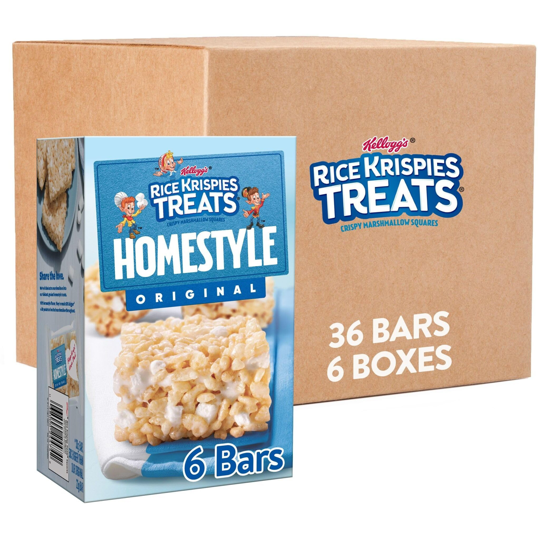Rice Krispies Treats Homestyle Marshmallow Snack Bars, Kids Snacks, School Lunch, Original (6 Boxes, 36 Bars)