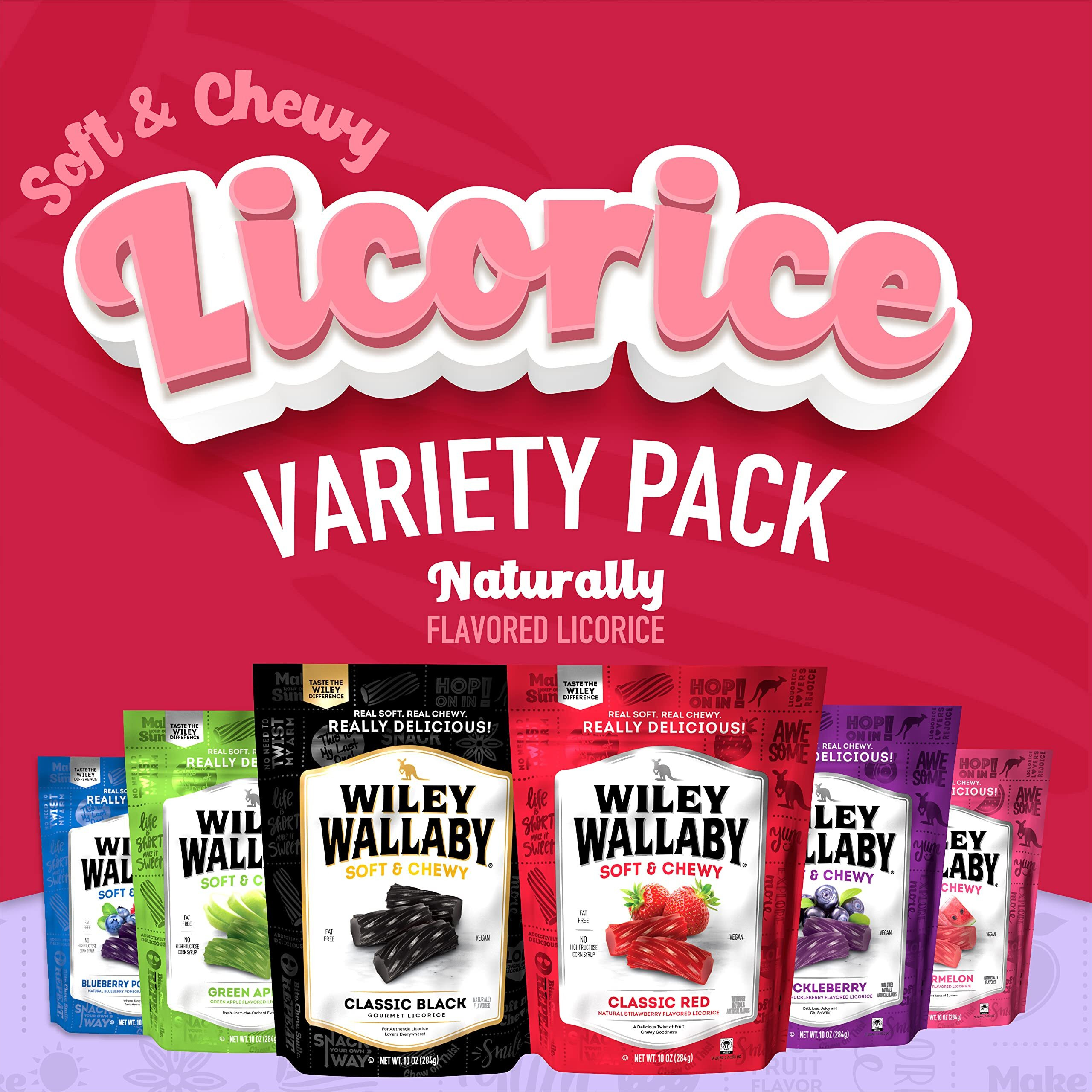 Wiley Wallaby Licorice 10 Ounce Classic Gourmet Australian Style Soft & Chewy Licorice Candy Variety Pack Twists, 6 Pack
