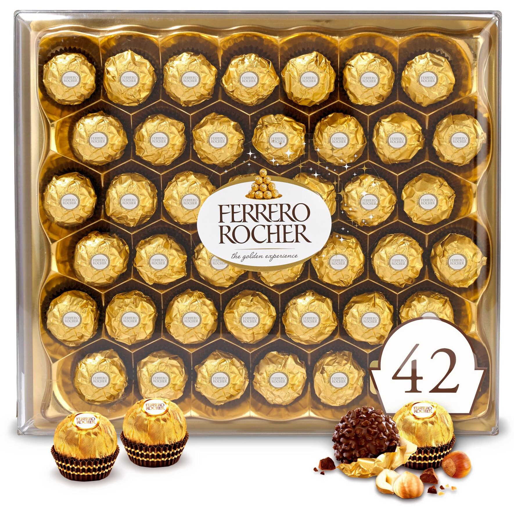 Ferrero Rocher, 42 Count, Premium Milk Chocolate Hazelnut, Chocolates For Gifting, 18.5 Oz