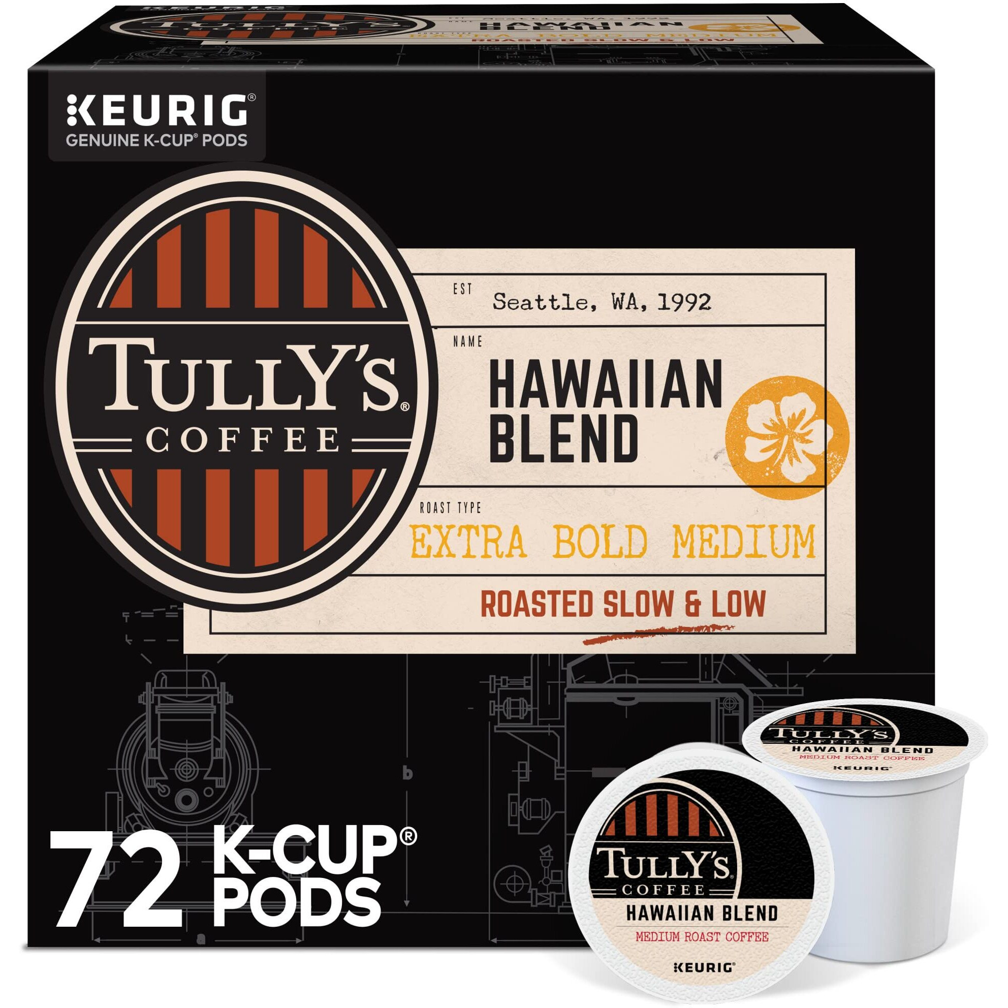 Tully's Coffee Hawaiian Blend Keurig Single-Serve K-Cup Pods, Medium Roast, 72 Count (6 Packs Of 12)