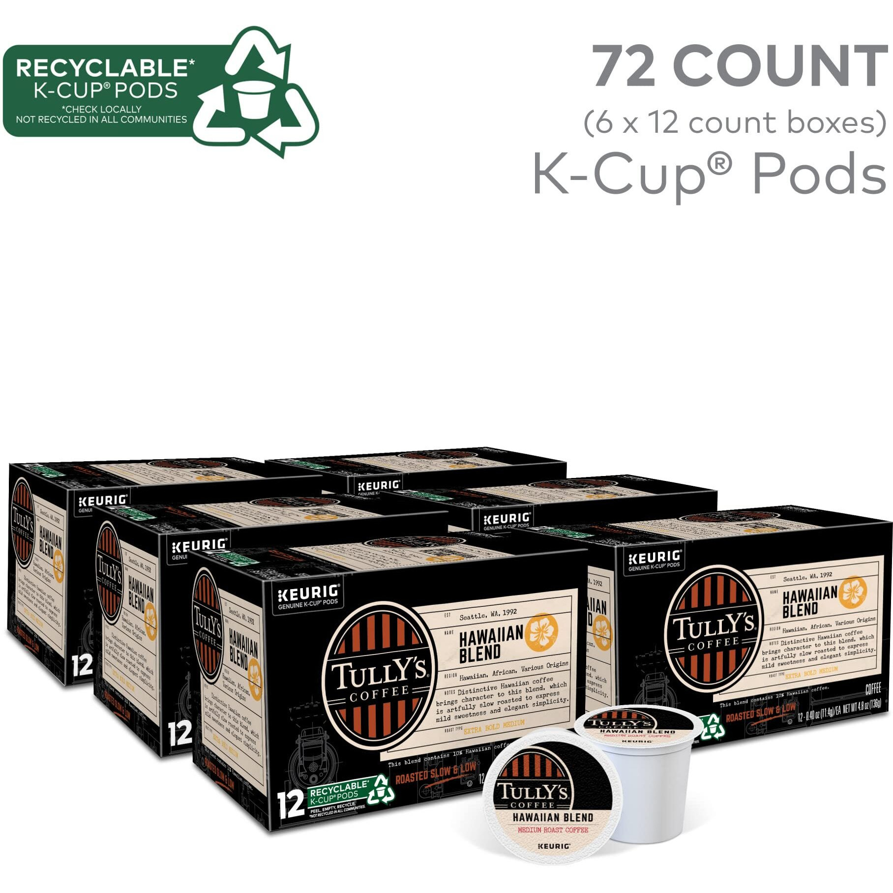 Tully's Coffee Hawaiian Blend Keurig Single-Serve K-Cup Pods, Medium Roast, 72 Count (6 Packs Of 12)