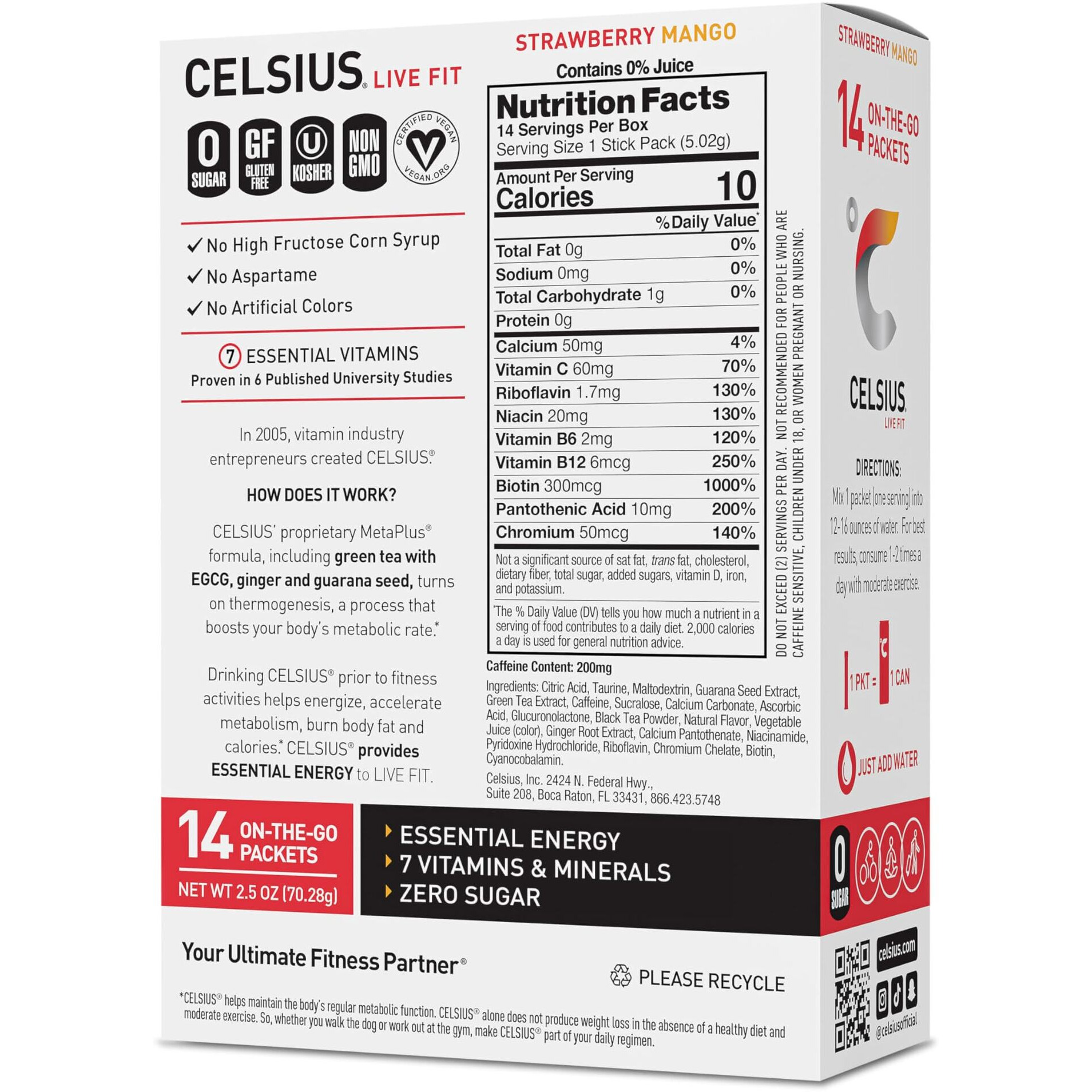 Celsius On-The-Go Powder Sticks Strawberry Mango, Essential Energy 2.5 Oz (14 Sticks Per Pack)