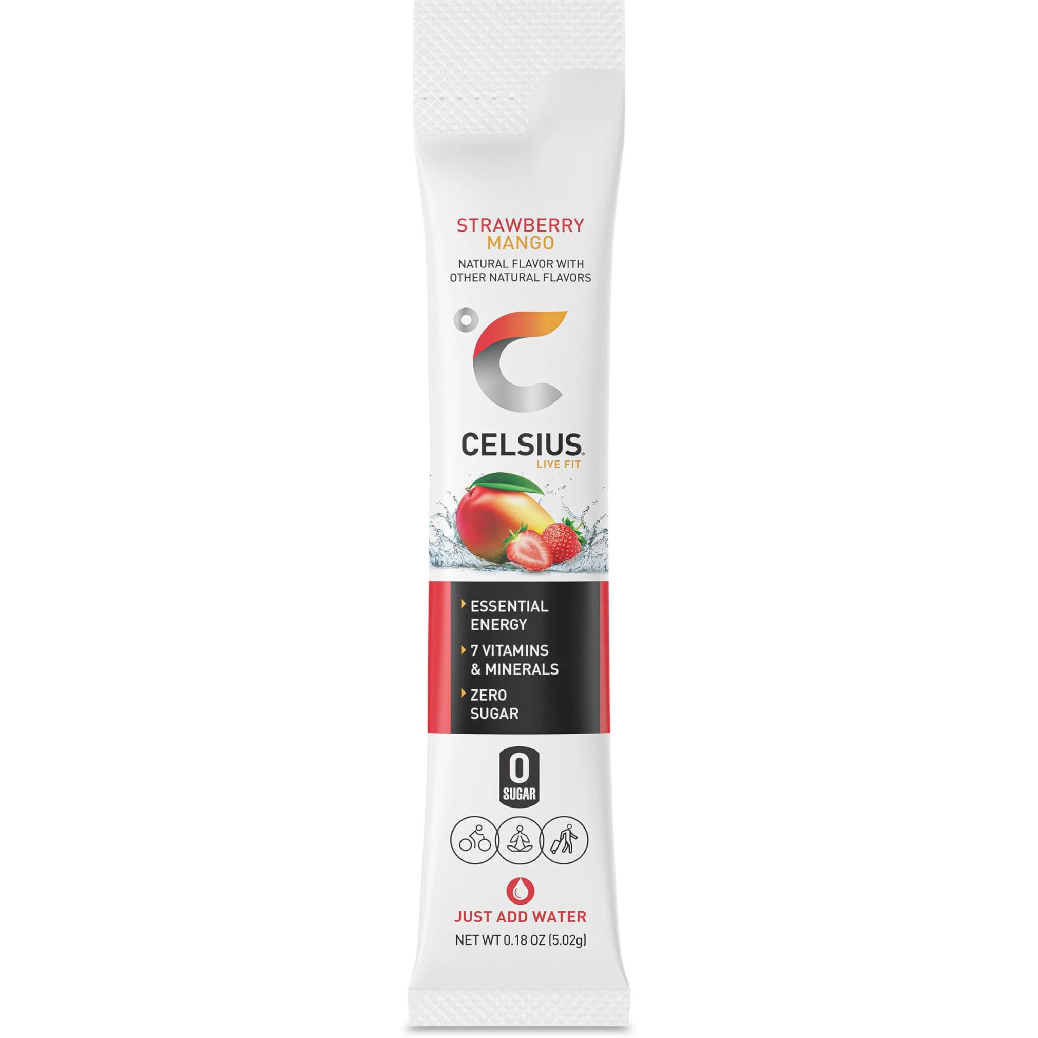Celsius On-The-Go Powder Sticks Strawberry Mango, Essential Energy 2.5 Oz (14 Sticks Per Pack)