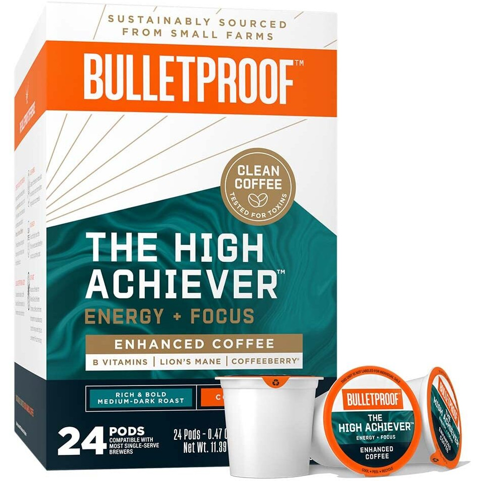 Bulletproof The High Achiever Single-Serve Pods, 24 Count, Medium-Dark Roast Enhanced Coffee With Lion's Mane Mushroom, B Vitamins, And Adaptogens For Energy And Focus