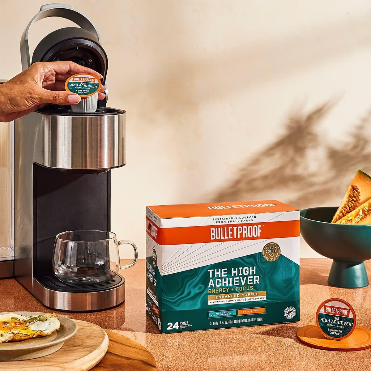 Bulletproof The High Achiever Single-Serve Pods, 24 Count, Medium-Dark Roast Enhanced Coffee With Lion's Mane Mushroom, B Vitamins, And Adaptogens For Energy And Focus