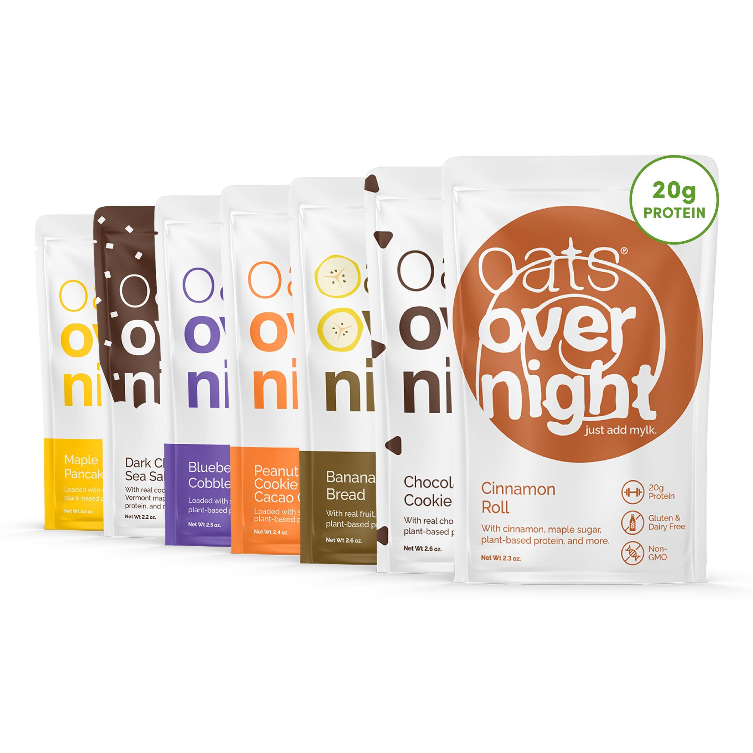 Oats Overnight Vegan Variety Pack - High Protein, High Fiber Breakfast Protein Shake - Gluten Free Oatmeal, Non Gmo High Protein Oatmeal - Banana Bread, Blueberry Cobbler & More (8 Pack)