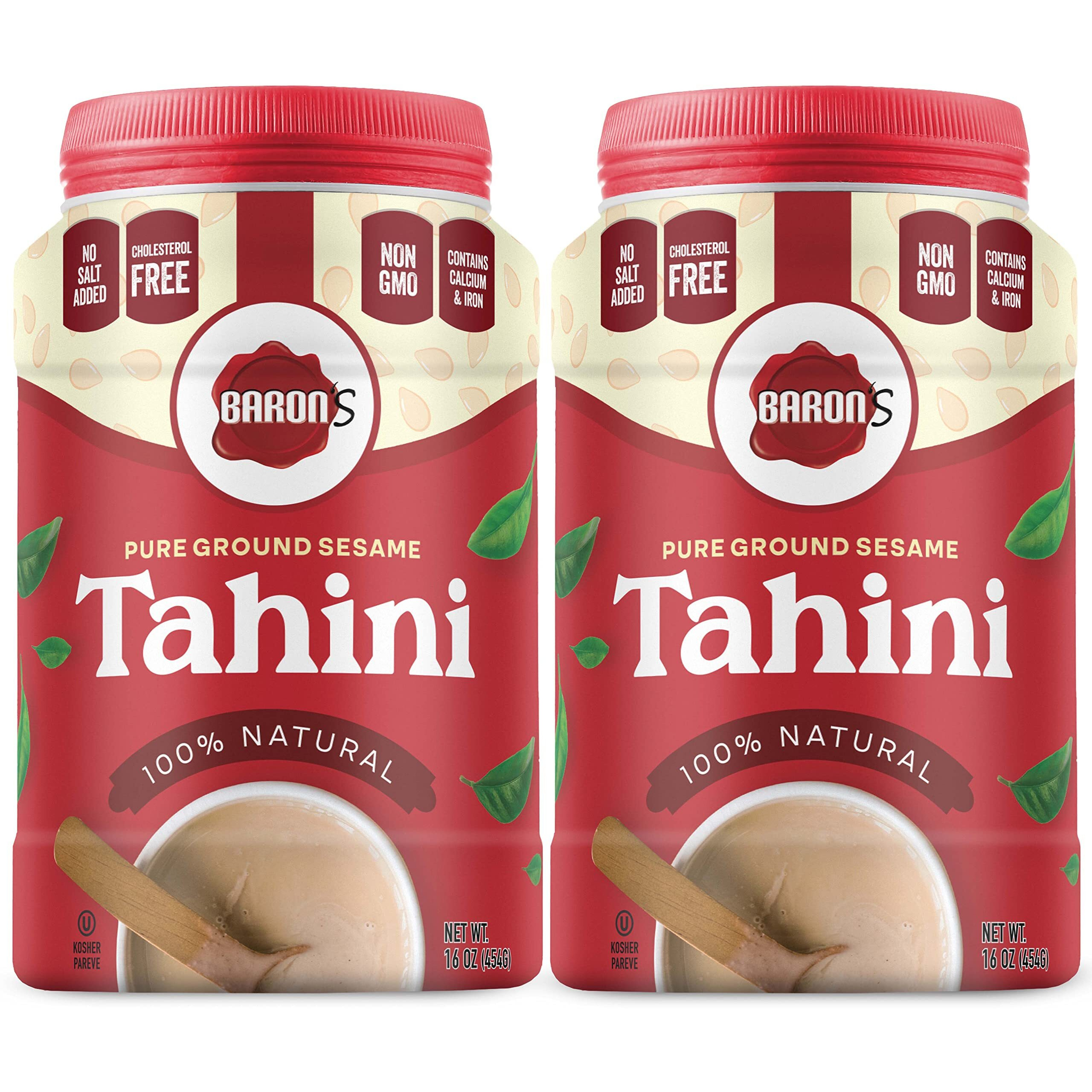 Baron's Pure Tahini Sesame Paste | Rich Creamy Spread For Hummus, Dips, Sauces | 2 X 16 Oz Jars | Kosher, Vegan, Keto Friendly, Non-Gmo, Gluten-Free, No Peanuts | All-Natural Ground Seeds Tahina