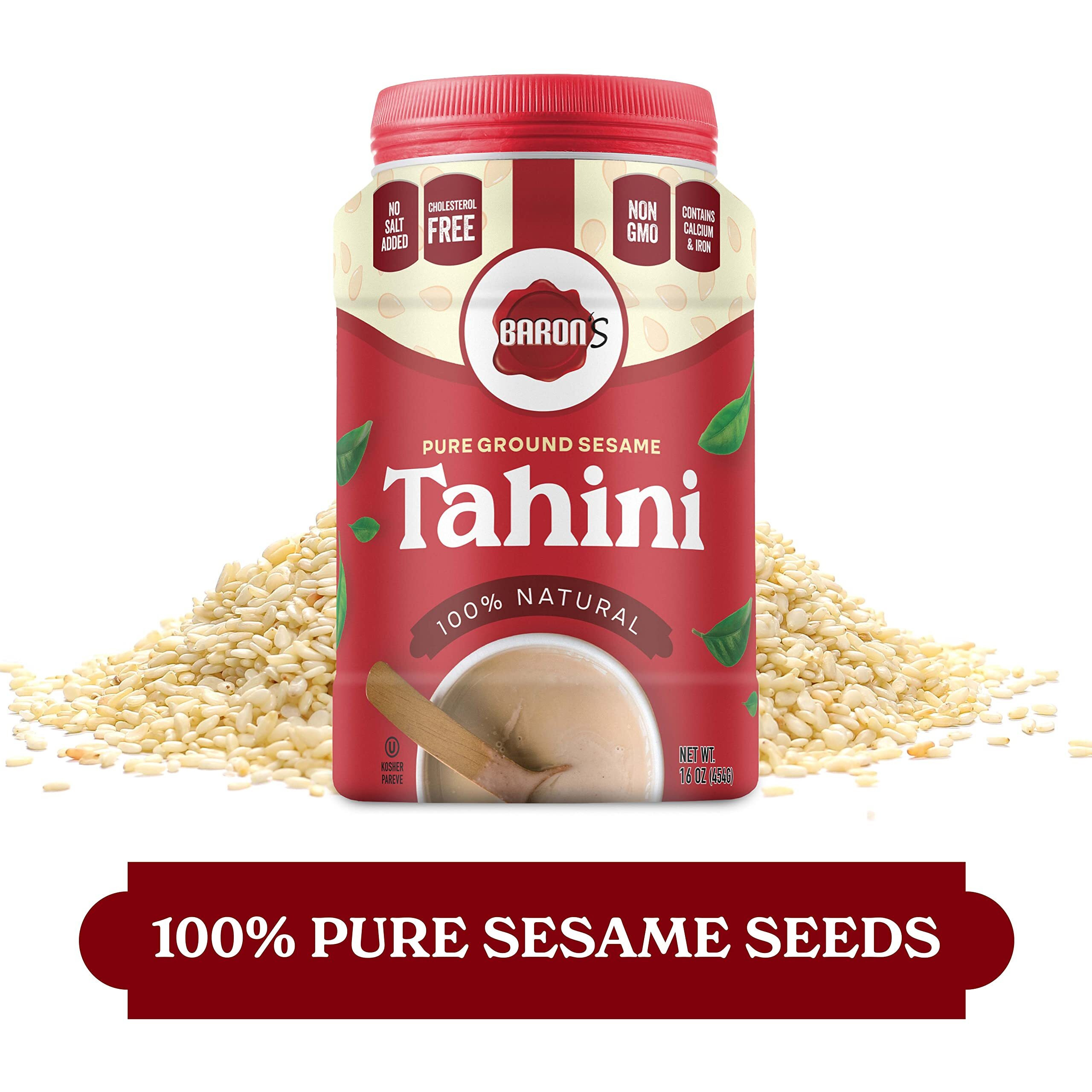 Baron's Pure Tahini Sesame Paste | Rich Creamy Spread For Hummus, Dips, Sauces | 2 X 16 Oz Jars | Kosher, Vegan, Keto Friendly, Non-Gmo, Gluten-Free, No Peanuts | All-Natural Ground Seeds Tahina