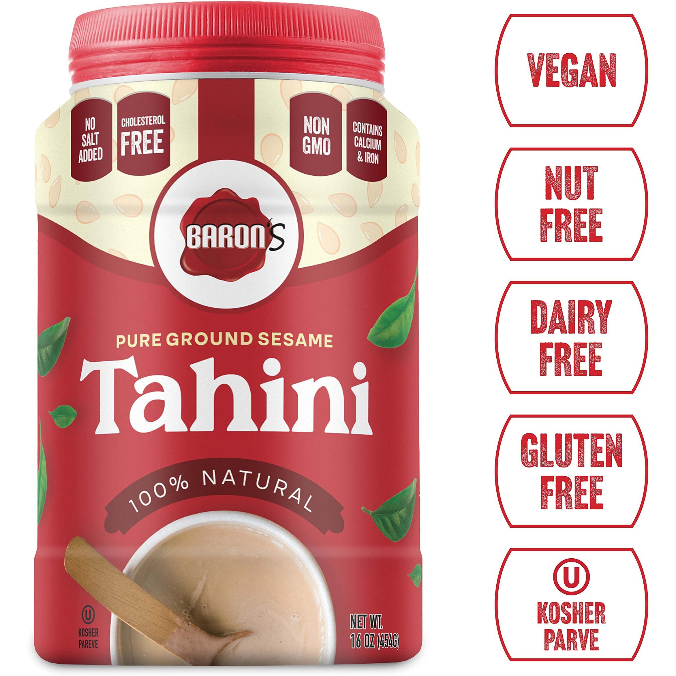 Baron's Pure Tahini Sesame Paste | Rich Creamy Spread For Hummus, Dips, Sauces | 2 X 16 Oz Jars | Kosher, Vegan, Keto Friendly, Non-Gmo, Gluten-Free, No Peanuts | All-Natural Ground Seeds Tahina