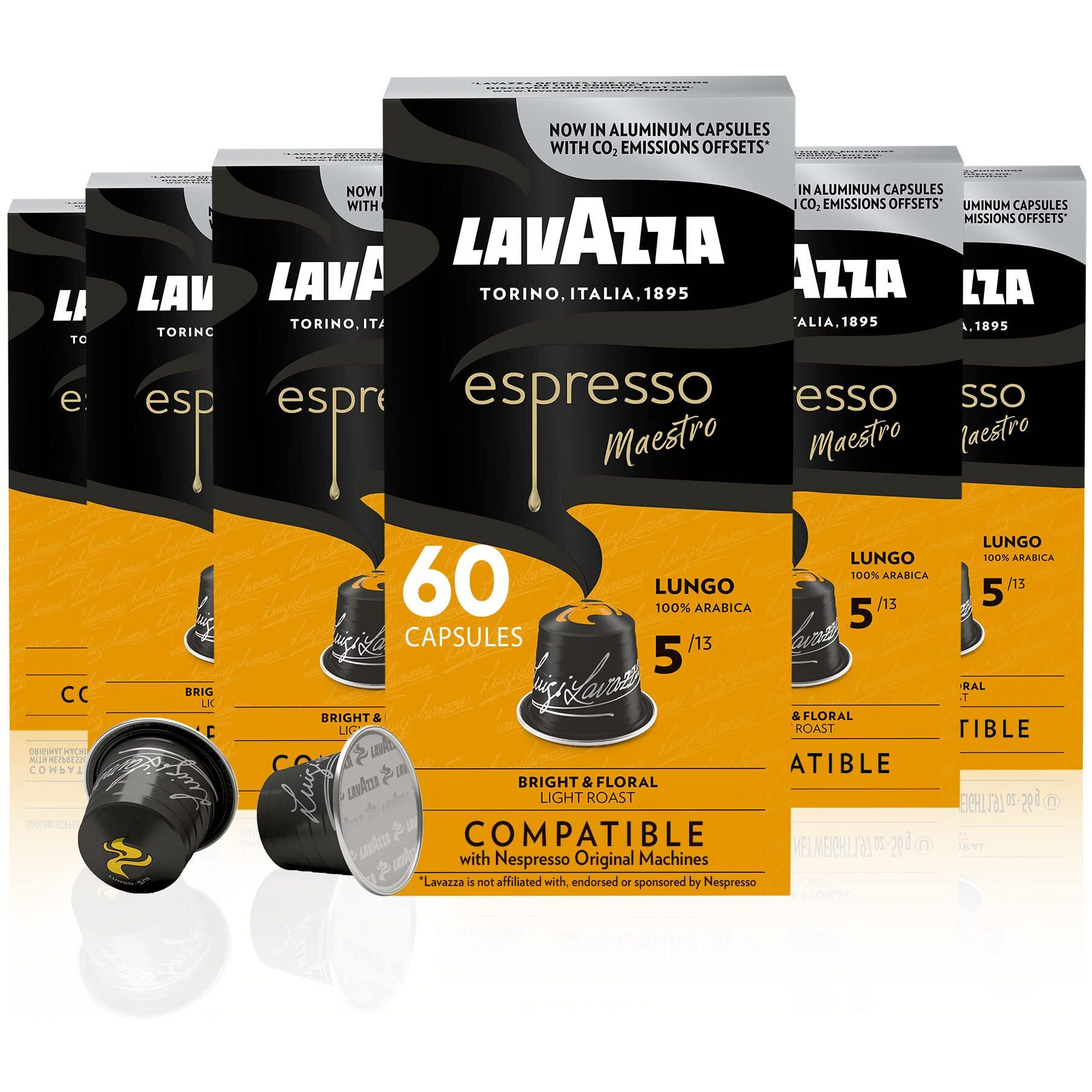 Lavazza Espresso Lungo Light Roast 100% Arabica Aluminum Capsules Compatible With Nespresso Original Machines (Pack Of 60) ,Value Pack, Sweet And Aromatic, Floral Fruity Notes, Intensity 5 13