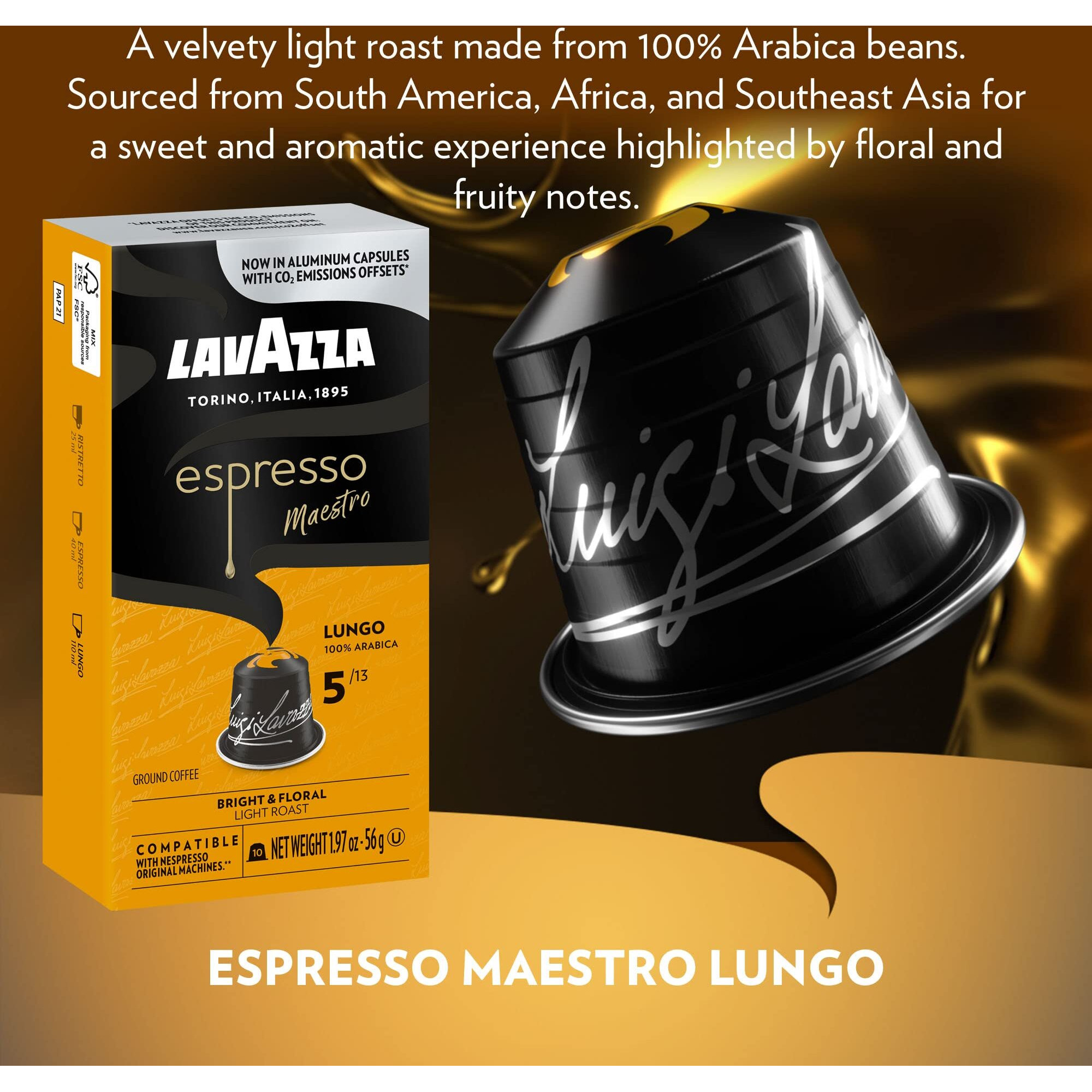 Lavazza Espresso Lungo Light Roast 100% Arabica Aluminum Capsules Compatible With Nespresso Original Machines (Pack Of 60) ,Value Pack, Sweet And Aromatic, Floral Fruity Notes, Intensity 5 13