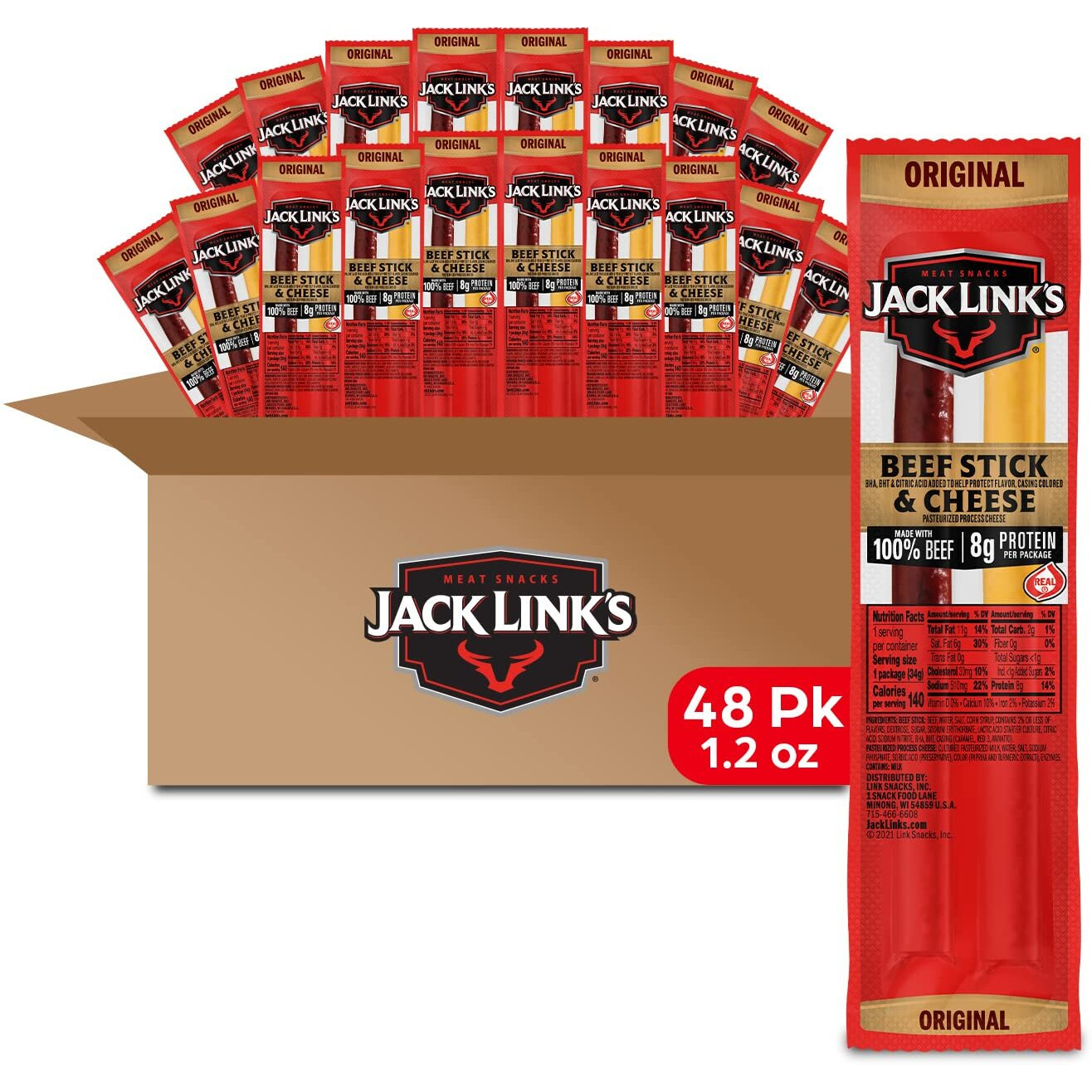 Jack Link's Original Beef & Cheese Combo Bulk Pack - 100% Beef Stick And Cheese Stick Made With Real Wisconsin Cheese - 8G Protein And 140 Calories Per Serving,1.2 Oz. (Pack Of 48)