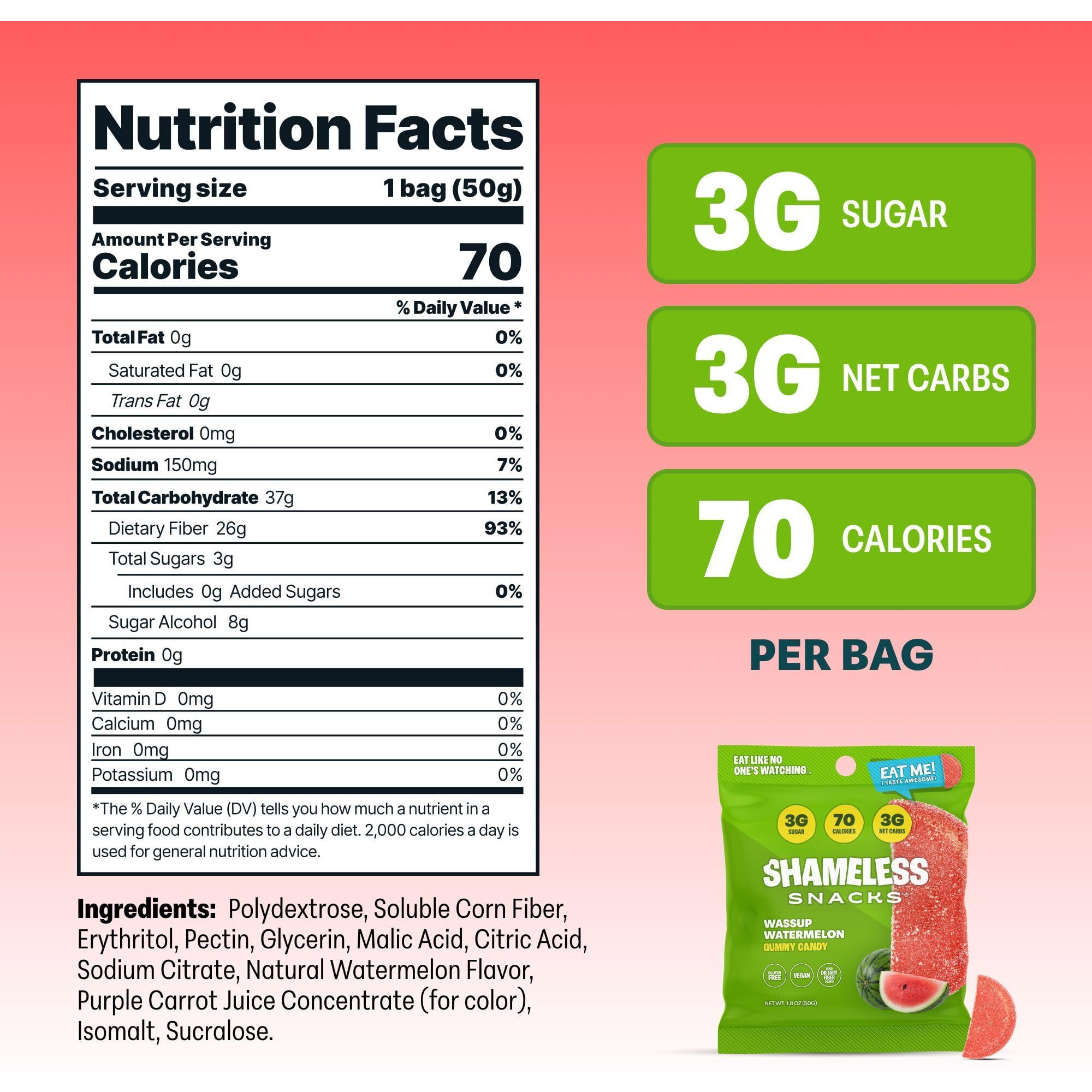 Shameless Snacks - Healthy Low Calorie Snacks, Low Carb Keto Gummies (Gluten Free Candy) - 6 Pack Wassup Watermelon