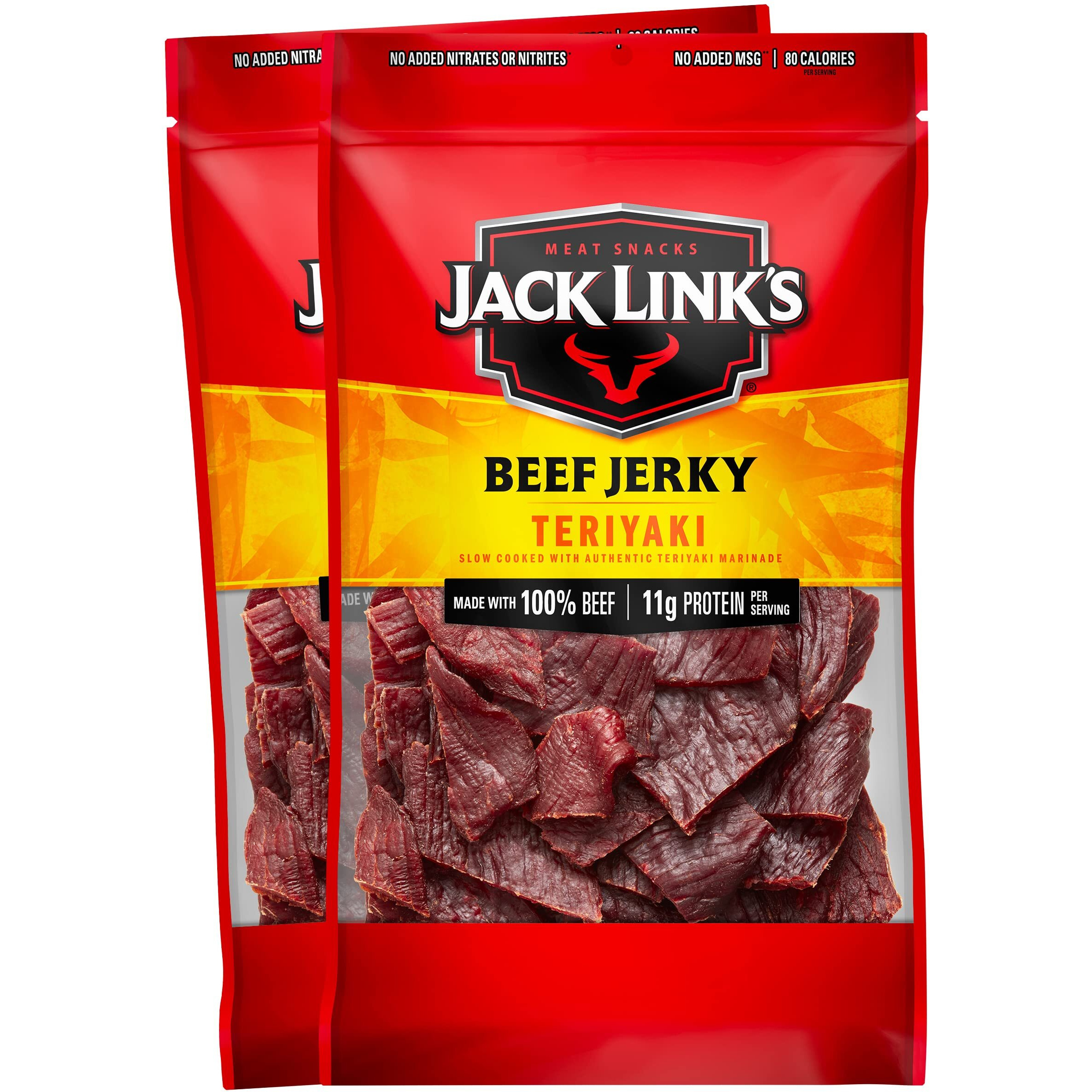 Jack Link's Beef Jerky, Teriyaki - Flavorful Everyday Snack, 10G Of Protein And 80 Calories, Made With 100% Beef, Soy, Ginger And Onion - 96% Fat Free, No Added Msg** - 9 Oz. (Pack Of 2)