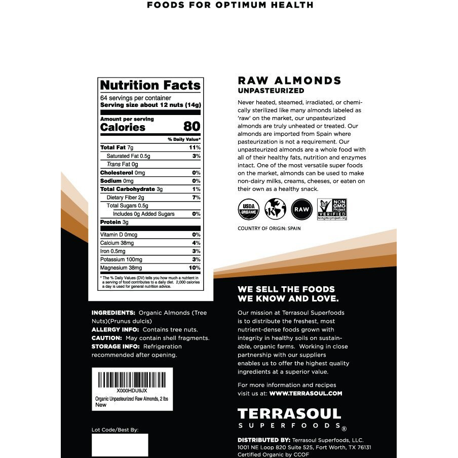 Terrasoul Superfoods Raw Unpasteurized Organic Almonds (Sproutable), 2 Lbs