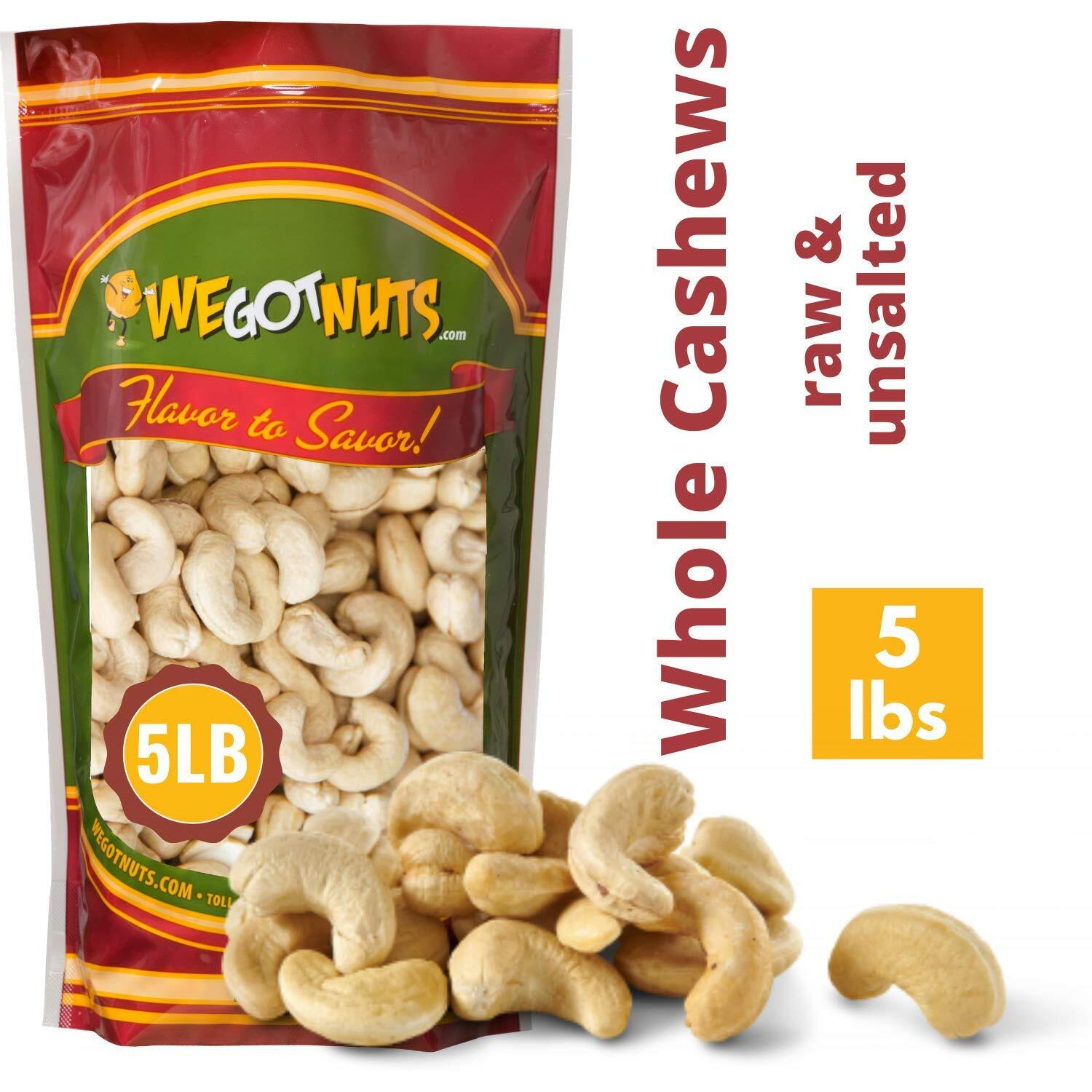 Raw Whole Unsalted Cashews - 5 Lbs.- Premium Quality Kosher Raw Cashews By We Got Nuts - Oil-Free Natural, Healthy & Diet-Friendly Snack - Gourmet Savory Flavor - Air-Tight Resealable Bag Package