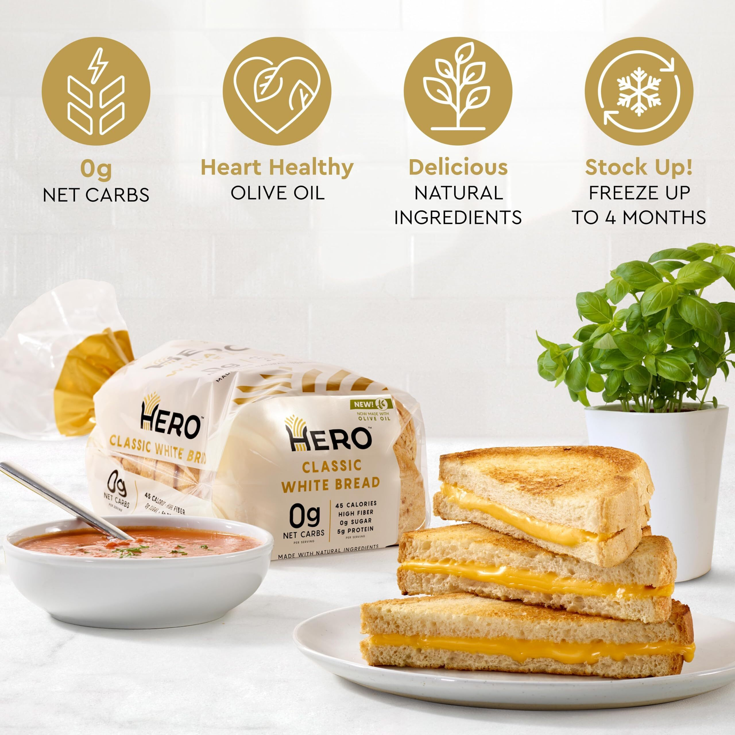 Hero Bread Sliced White Bread - Delicious Bread With 0G Net Carb, 0G Sugar, 45 Calories, 10G Fiber Per Slice | Tastes Like Regular Bread | Low Carb & Keto Friendly Bread Loaf -15 Slices/Loaf, 2 Loaves