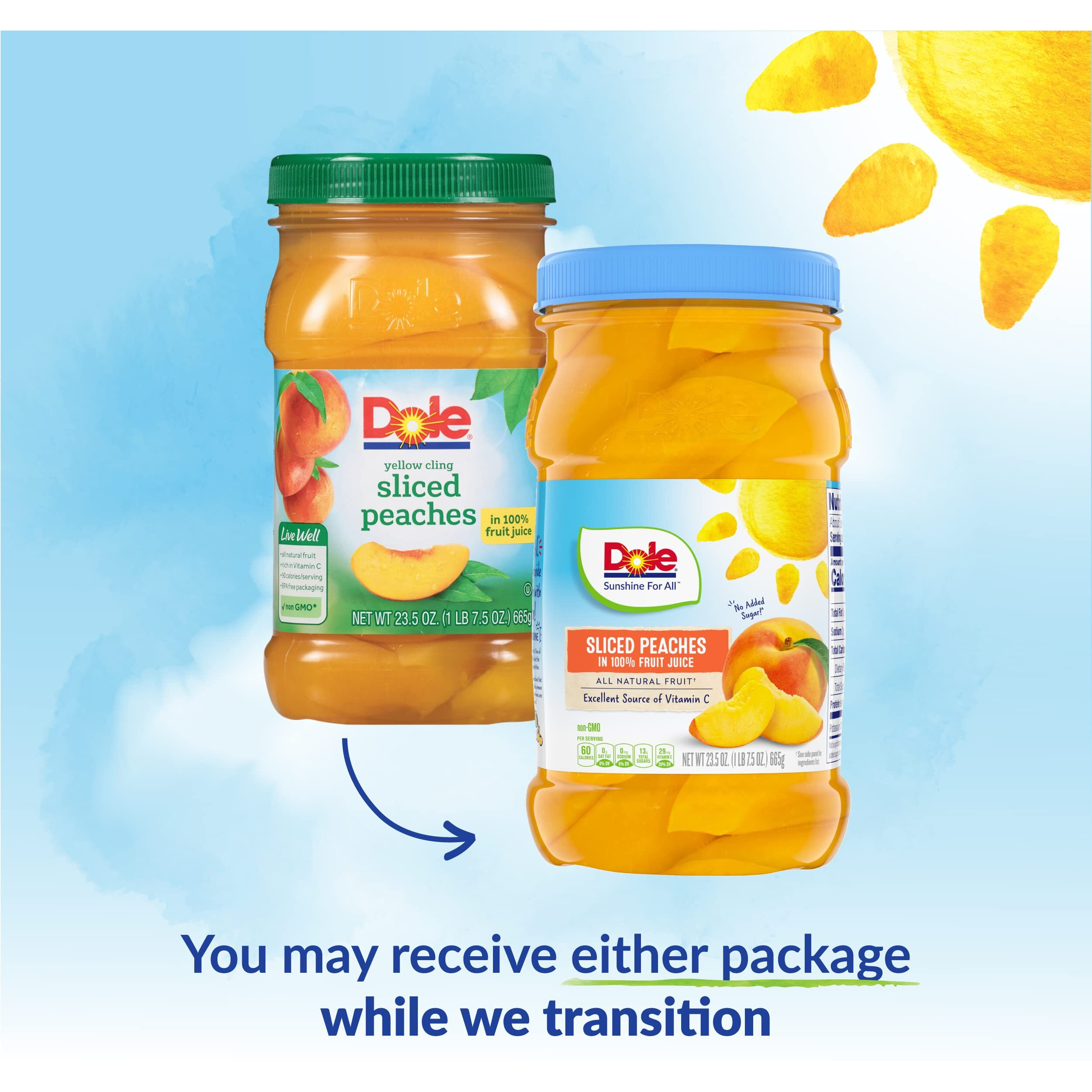 Dole Fruit Jars, Yellow Cling Sliced Peaches In 100% Fruit Juice, Gluten Free, Pantry Staples, 23.5 Oz Resealable Jars, (Pack Of 8)