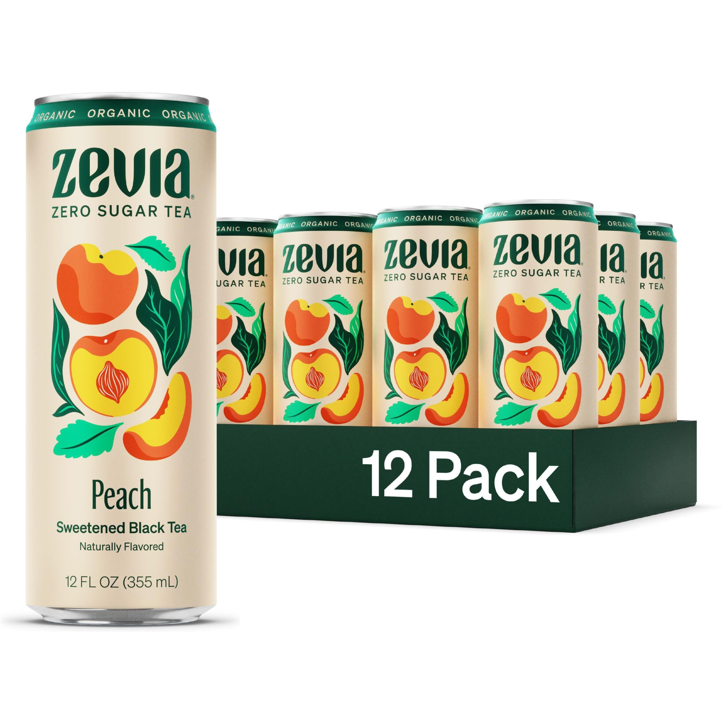 Zevia Organic Sugar Free Iced Tea, Black Tea Peach, 12 Ounce Cans (Pack Of 12)