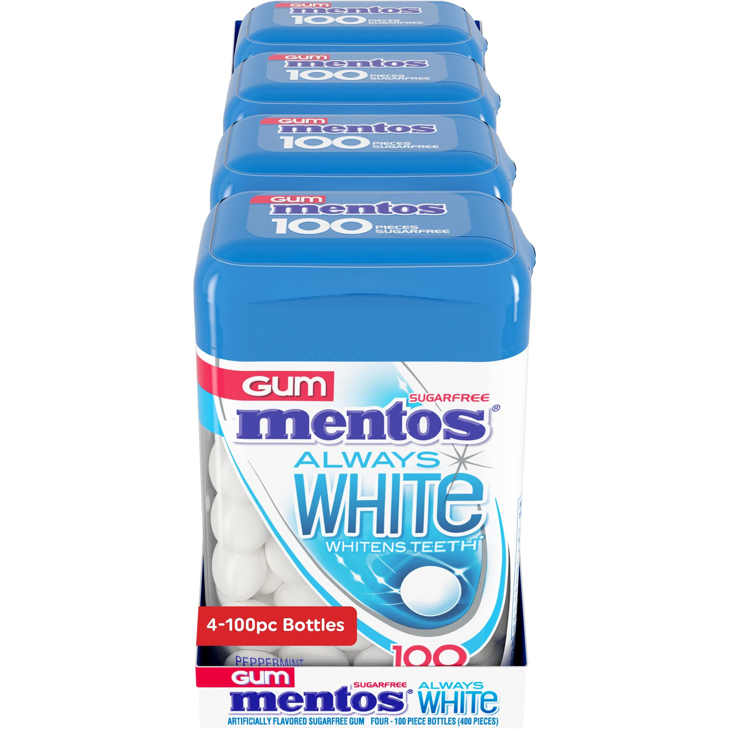 Mentos Always White Peppermint Sugar Free Gum With Xylitol Sweetener, 100 Count Bottle, 4 Bottles