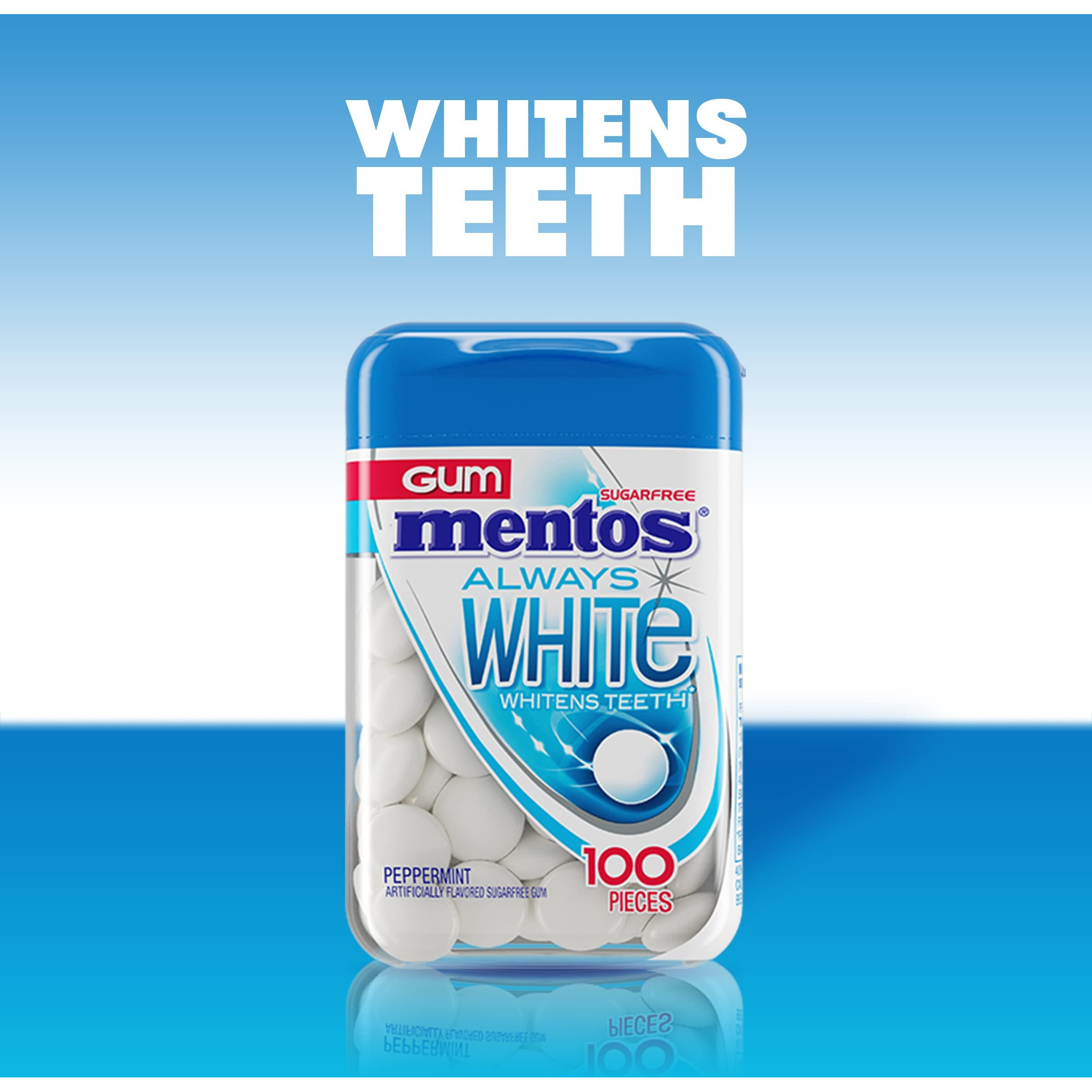 Mentos Always White Peppermint Sugar Free Gum With Xylitol Sweetener, 100 Count Bottle, 4 Bottles