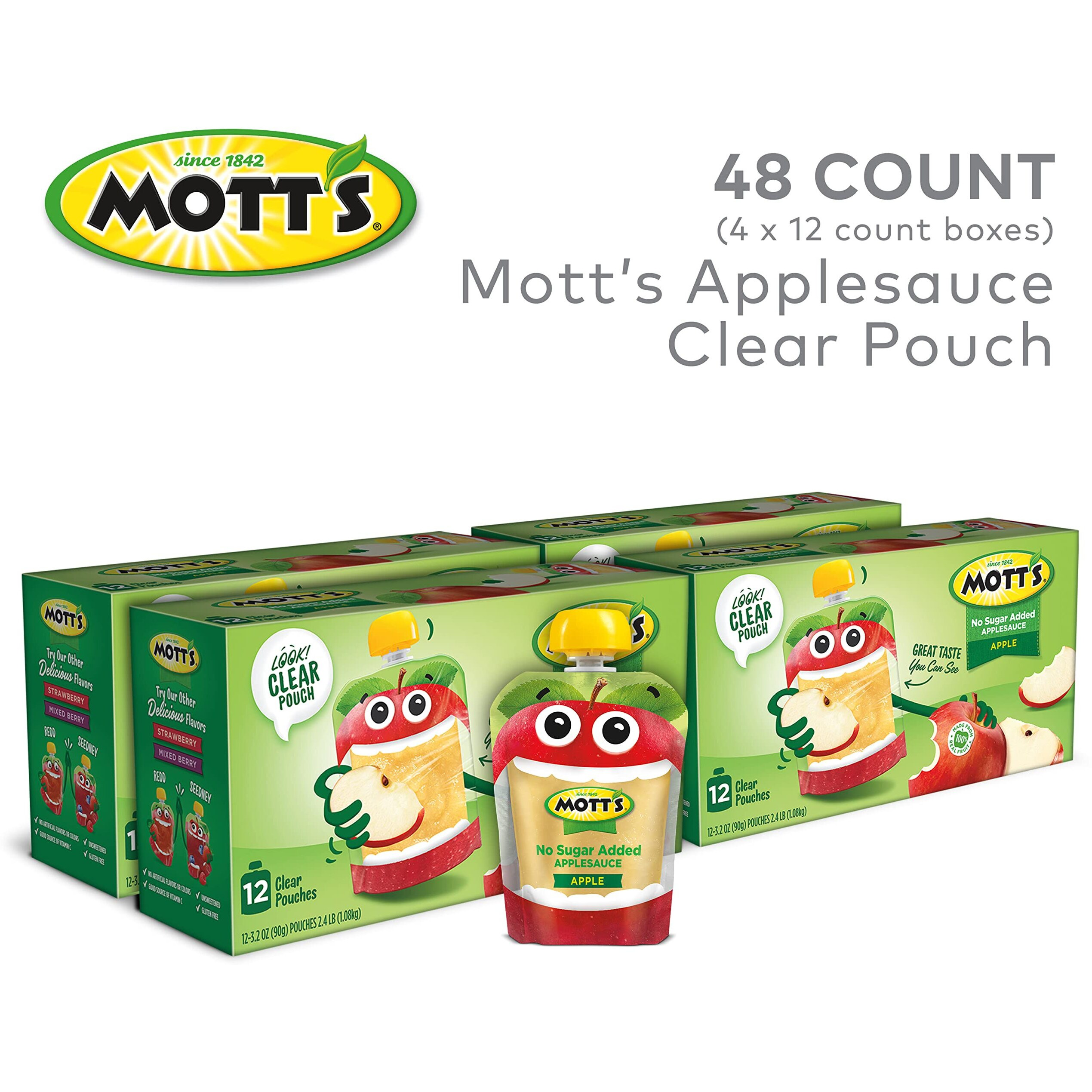 Mott's No Sugar Added Applesauce, 3.2 Oz Clear Pouches, 48 Count (4 Packs Of 12), Good Source Of Vitamin C, No Artificial Flavors