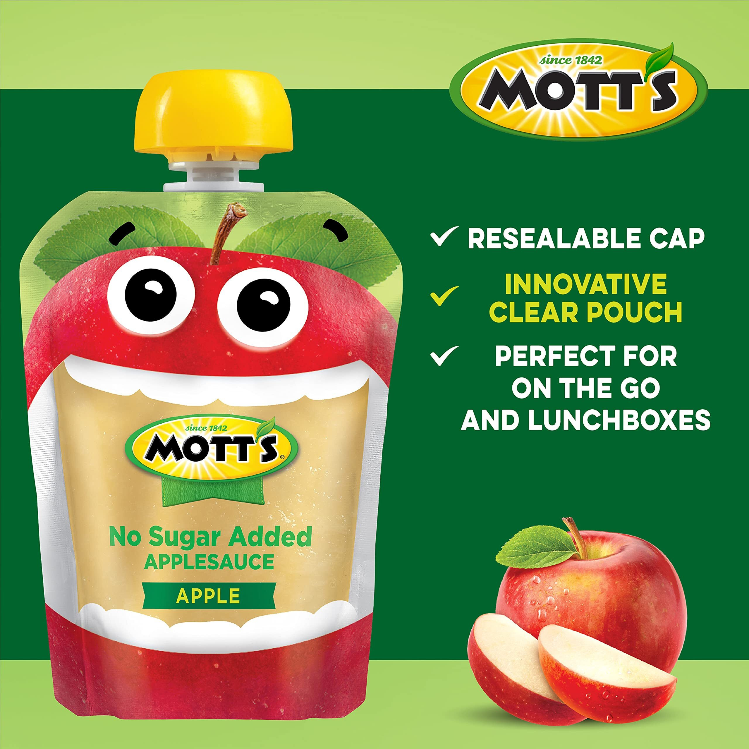 Mott's No Sugar Added Applesauce, 3.2 Oz Clear Pouches, 48 Count (4 Packs Of 12), Good Source Of Vitamin C, No Artificial Flavors