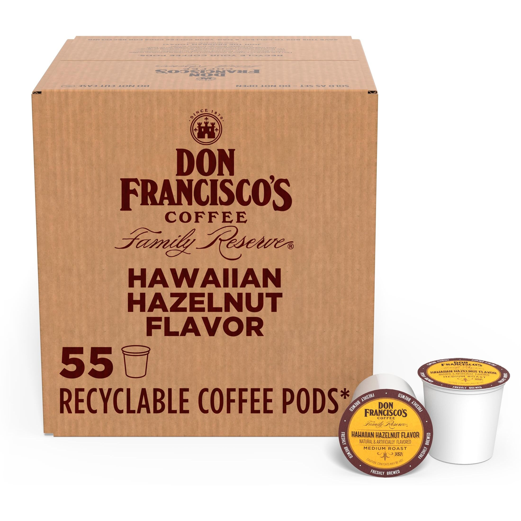 Don Francisco's Hawaiian Hazelnut Flavored Medium Roast Coffee Pods - 55 Count - Recyclable Single-Serve Coffee Pods, Compatible With Your K- Cup Keurig Coffee Maker