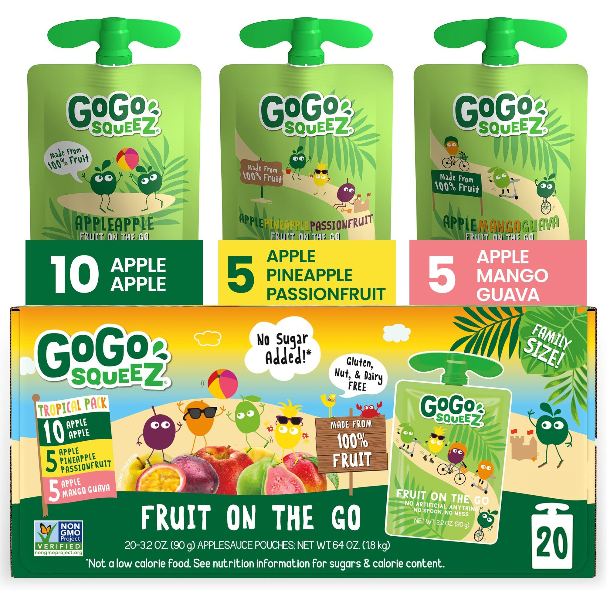 Gogo Squeez Fruit On The Go Variety Pack, Apple, Mango Guava & Pineapple Passionfruit, 3.2 Oz (Pack Of 20), Unsweetened Snacks For Kids, No Gluten, Nut Dairy, Recloseable Cap, Bpa Free Pouches