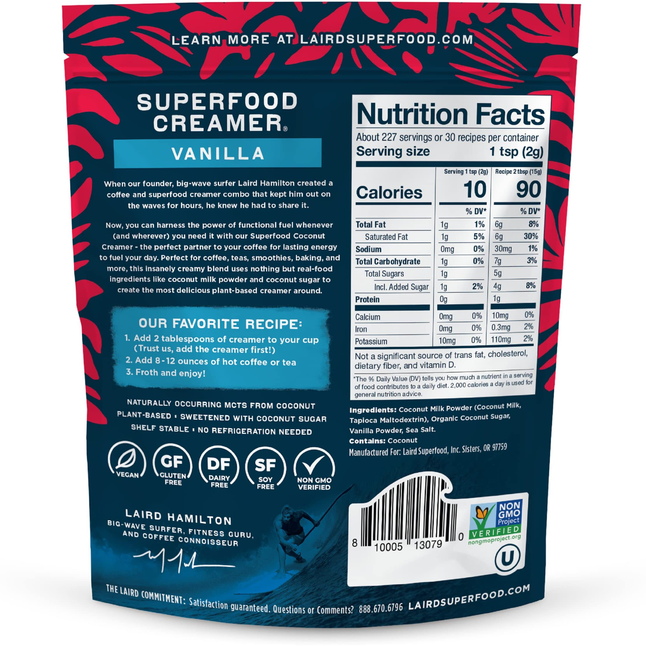 Laird Superfood Non-Dairy Original Superfood Vanilla Coconut Powder Coffee Creamer, Gluten Free, Non-Gmo, Vegan, 16 Oz. Bag, Pack Of 1
