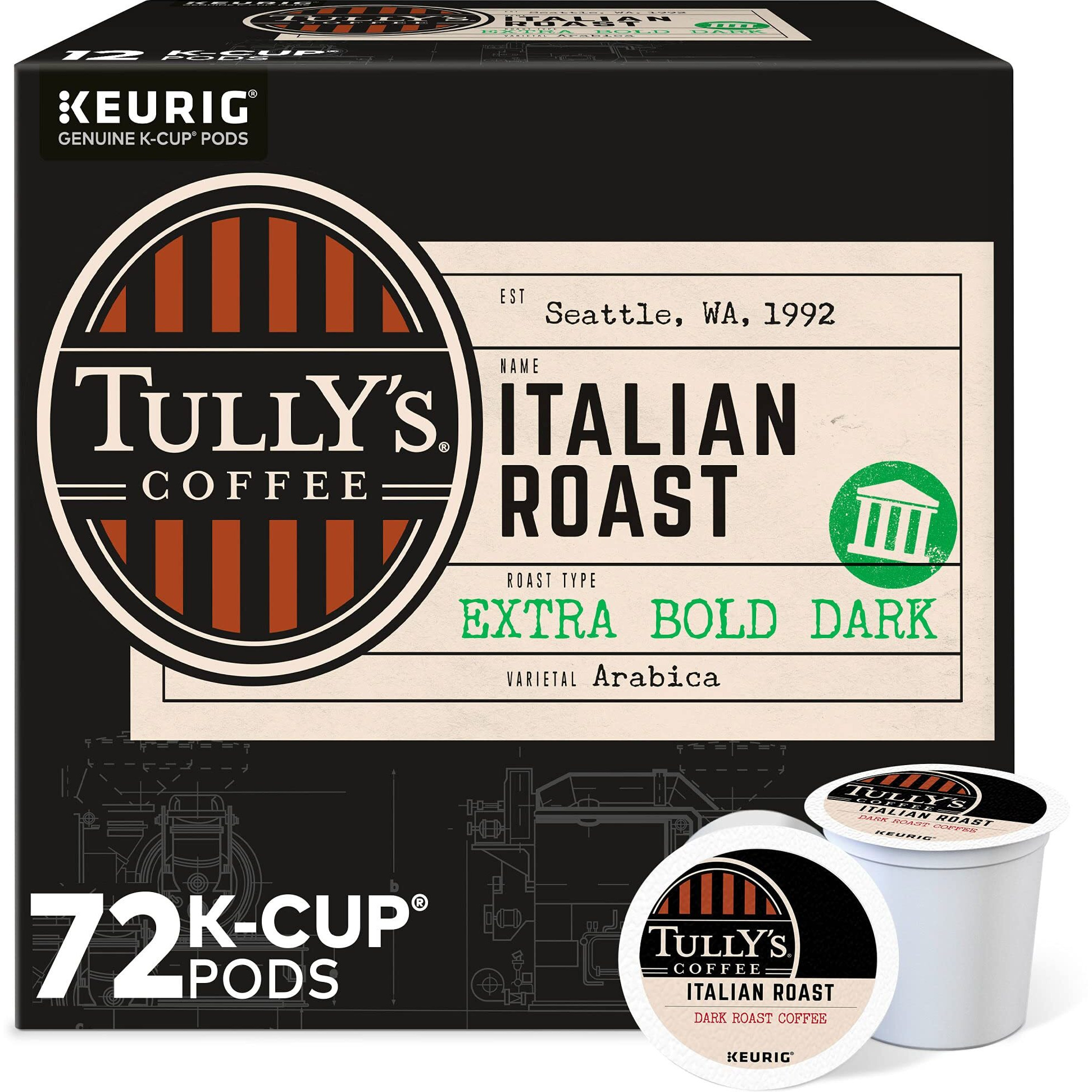 Tully's Coffee Italian Roast, Keurig Single-Serve K-Cup Pods, Dark Roast Coffee, 72 Count (6 Packs Of 12)
