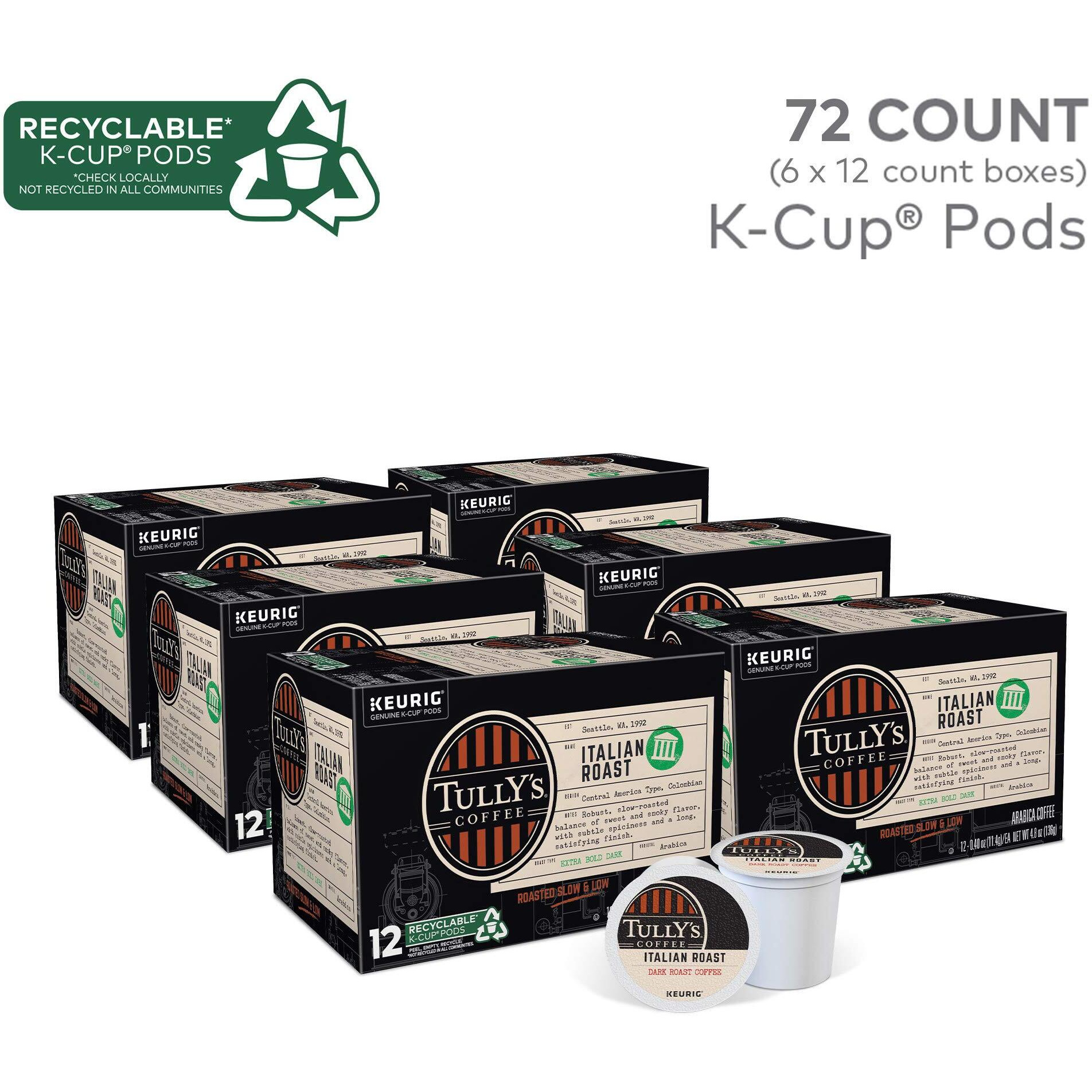 Tully's Coffee Italian Roast, Keurig Single-Serve K-Cup Pods, Dark Roast Coffee, 72 Count (6 Packs Of 12)