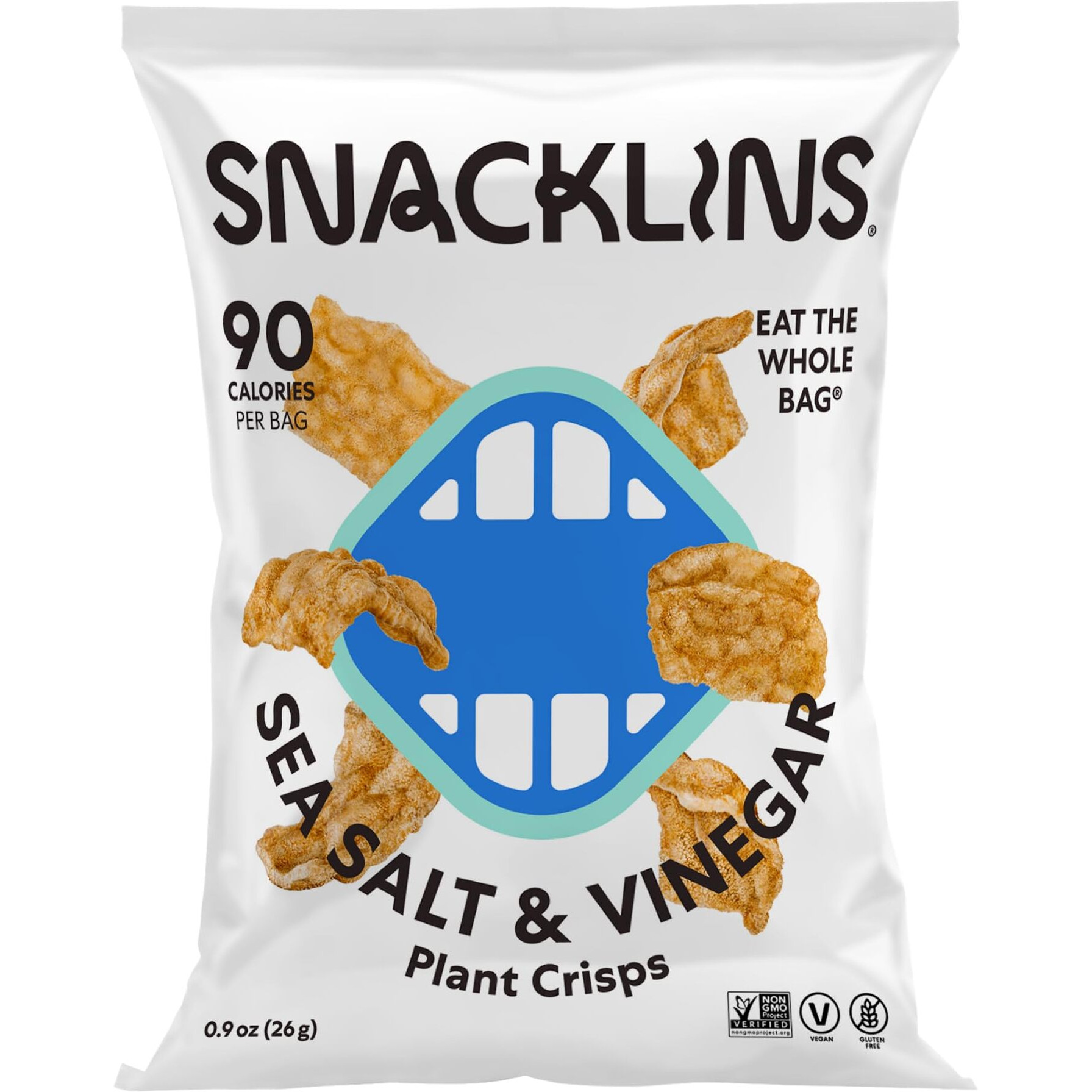 Snacklins Plant Based Crisps Sea Salt & Vinegar - Gluten Free, Grain Free, 100% Kosher, Vegan Healthy Snacks, Crunchy Puffed Snack, Only 90 Calories Per Bag - .9Oz Bag (Case Of 48)
