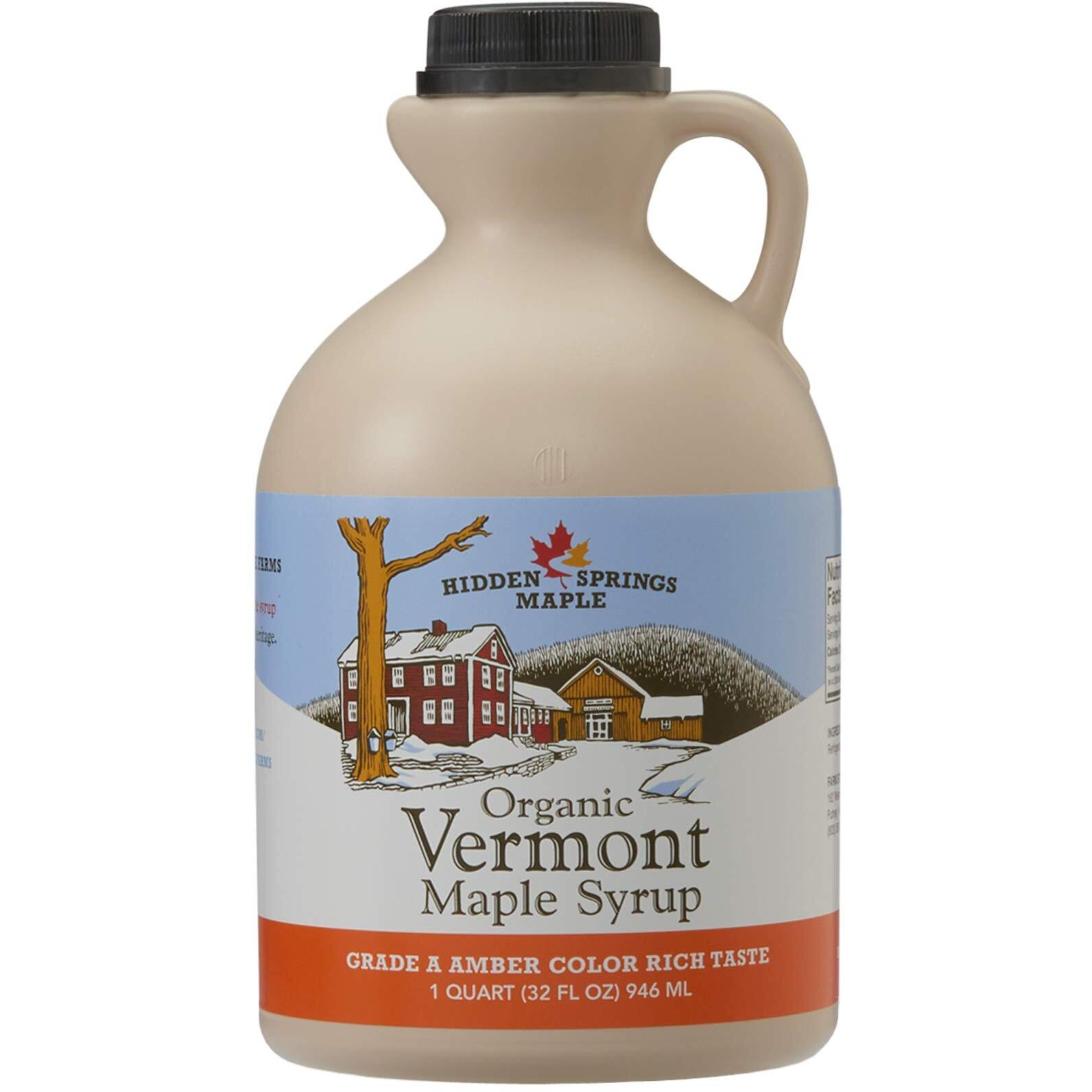 Hidden Springs Maple Organic Vermont Maple Syrup, Grade A Amber Rich, 32 Ounce, 1 Quart, Family Farms, Bpa-Free Jug