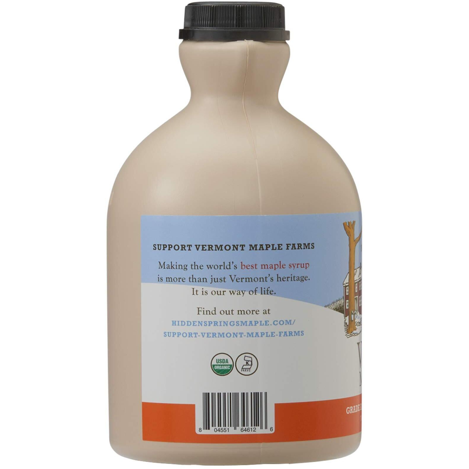 Hidden Springs Maple Organic Vermont Maple Syrup, Grade A Amber Rich, 32 Ounce, 1 Quart, Family Farms, Bpa-Free Jug