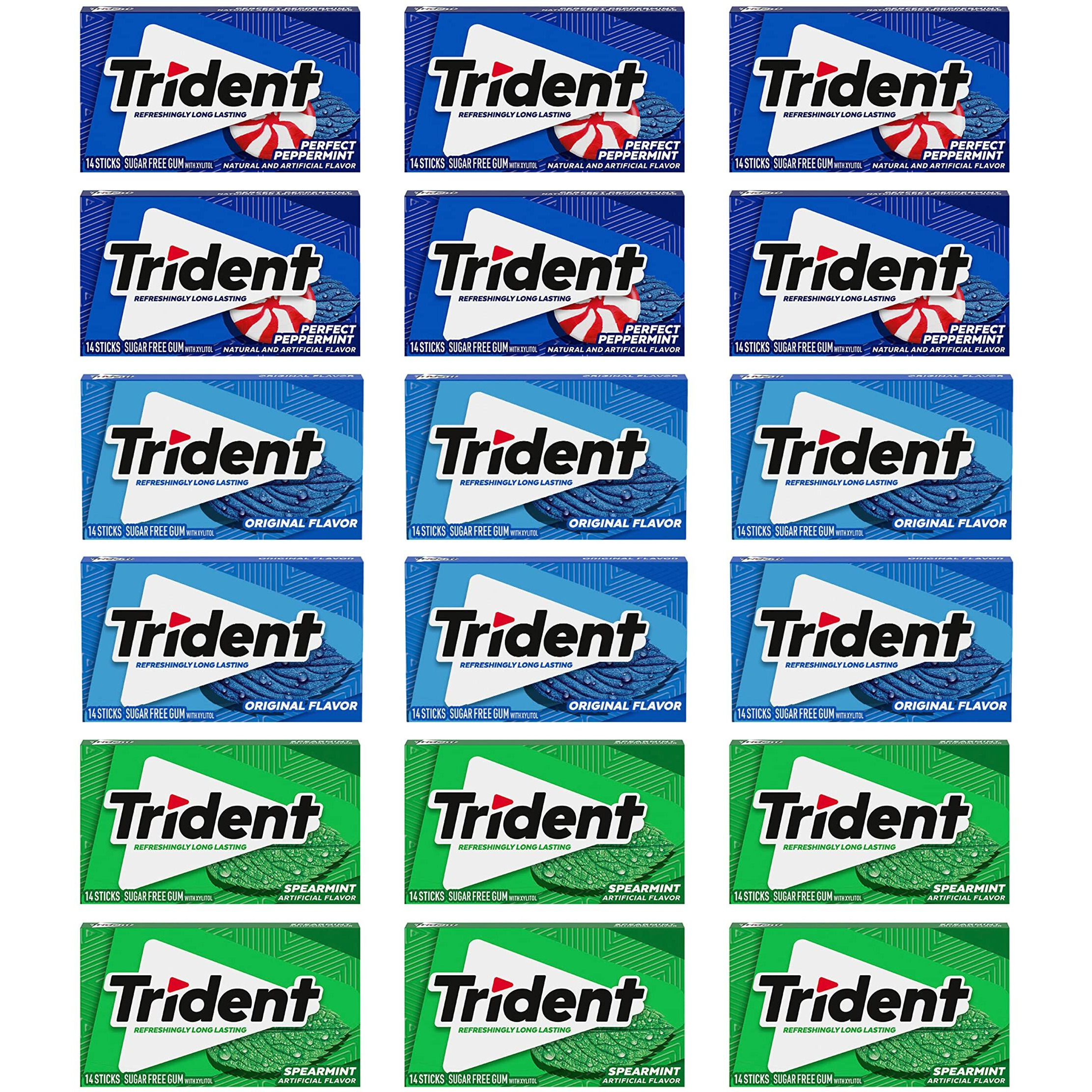 Trident Sugar Free Gum Variety Pack, Spearmint, Perfect Peppermint & Original Flavors, 18 Packs Of 14 Pieces (252 Total Pieces)