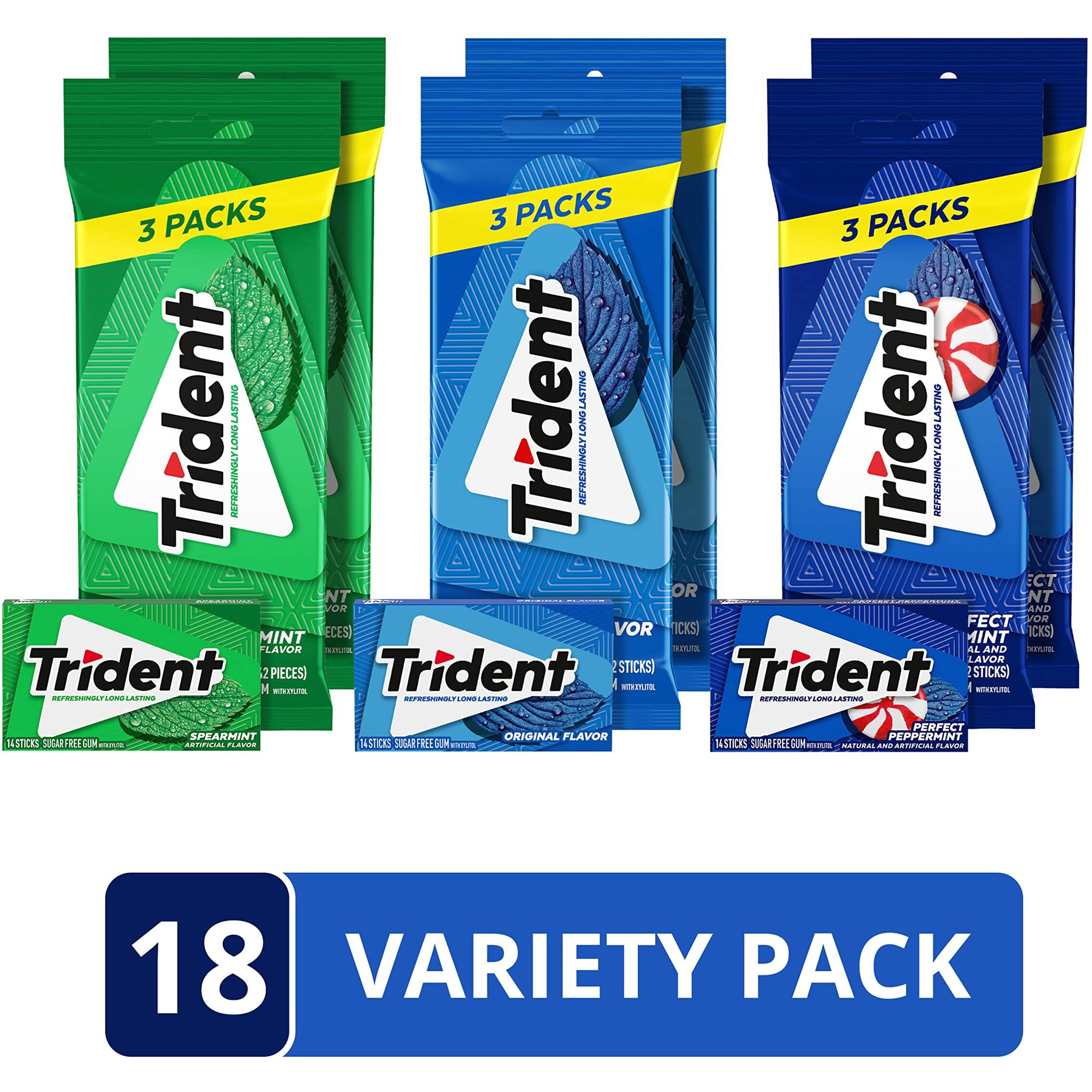 Trident Sugar Free Gum Variety Pack, Spearmint, Perfect Peppermint & Original Flavors, 18 Packs Of 14 Pieces (252 Total Pieces)