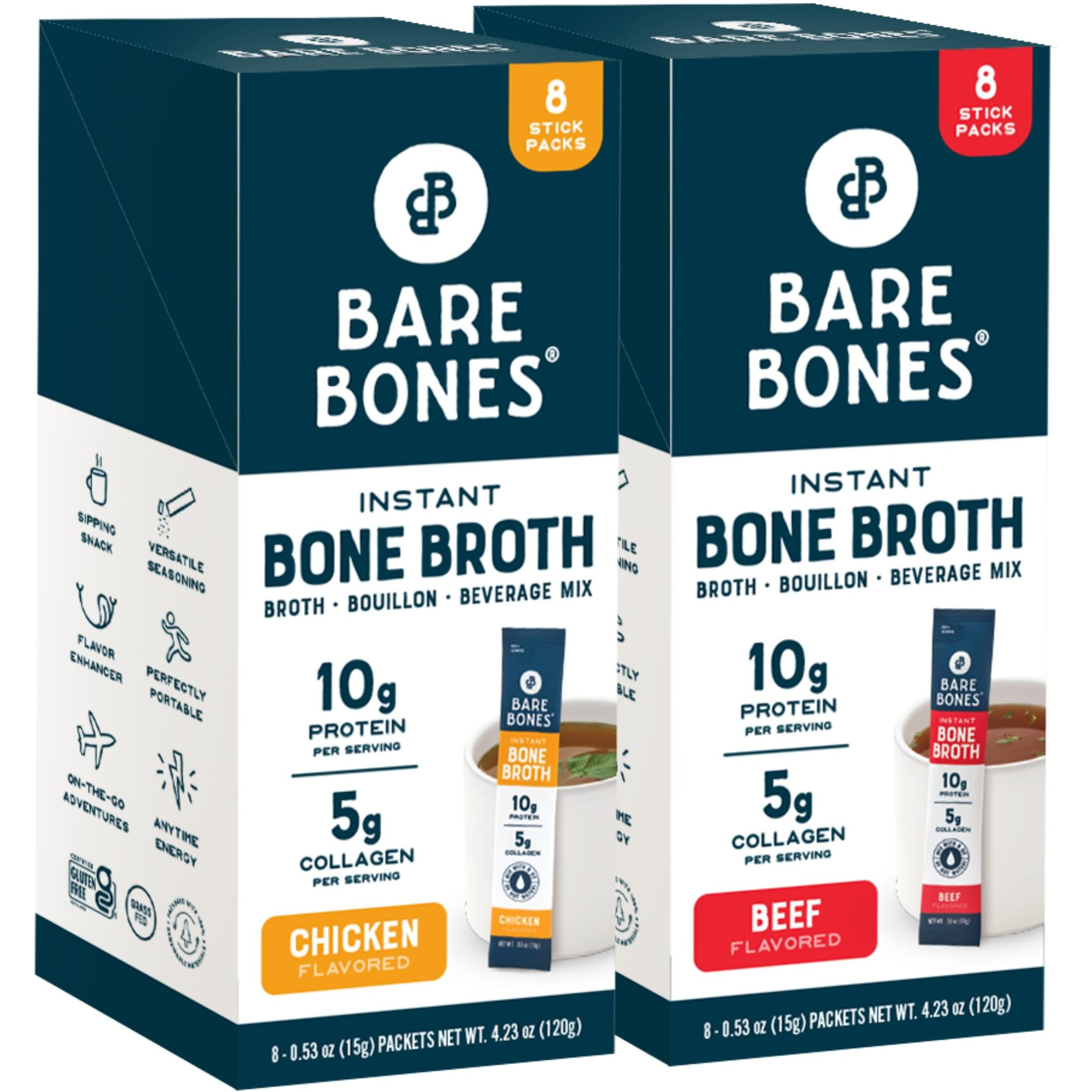 Bare Bones Bone Broth Instant Powdered Mix, Variety Pack, 8 Chicken And 8 Beef, 15G Sticks, 10G Protein, Keto & Paleo Friendly Bone Broth Packets, 16 Total Servings