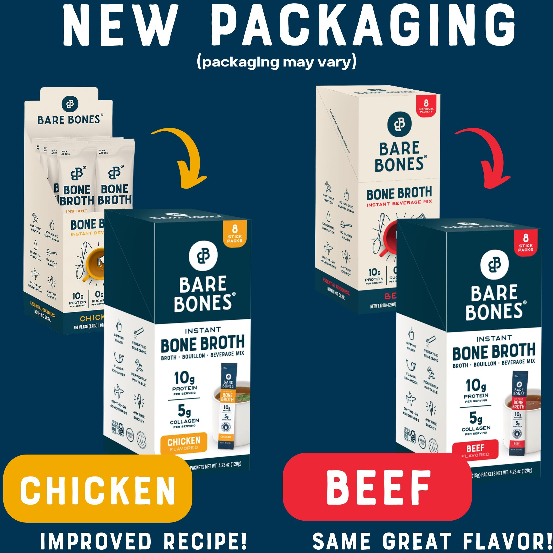 Bare Bones Bone Broth Instant Powdered Mix, Variety Pack, 8 Chicken And 8 Beef, 15G Sticks, 10G Protein, Keto & Paleo Friendly Bone Broth Packets, 16 Total Servings