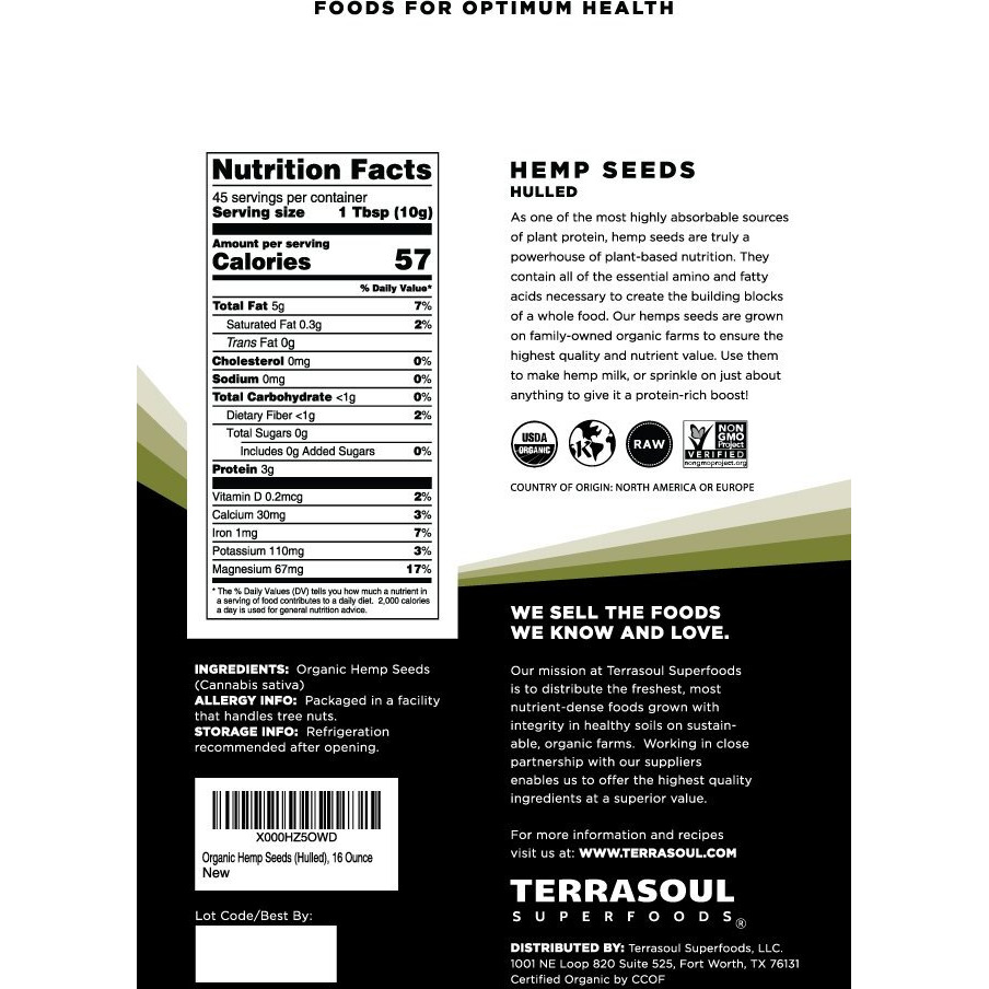 Terrasoul Superfoods Organic Hemp Seeds, 16 Oz, Versatile Superfood For Smoothies, Salads, And Grain-Free Toppings